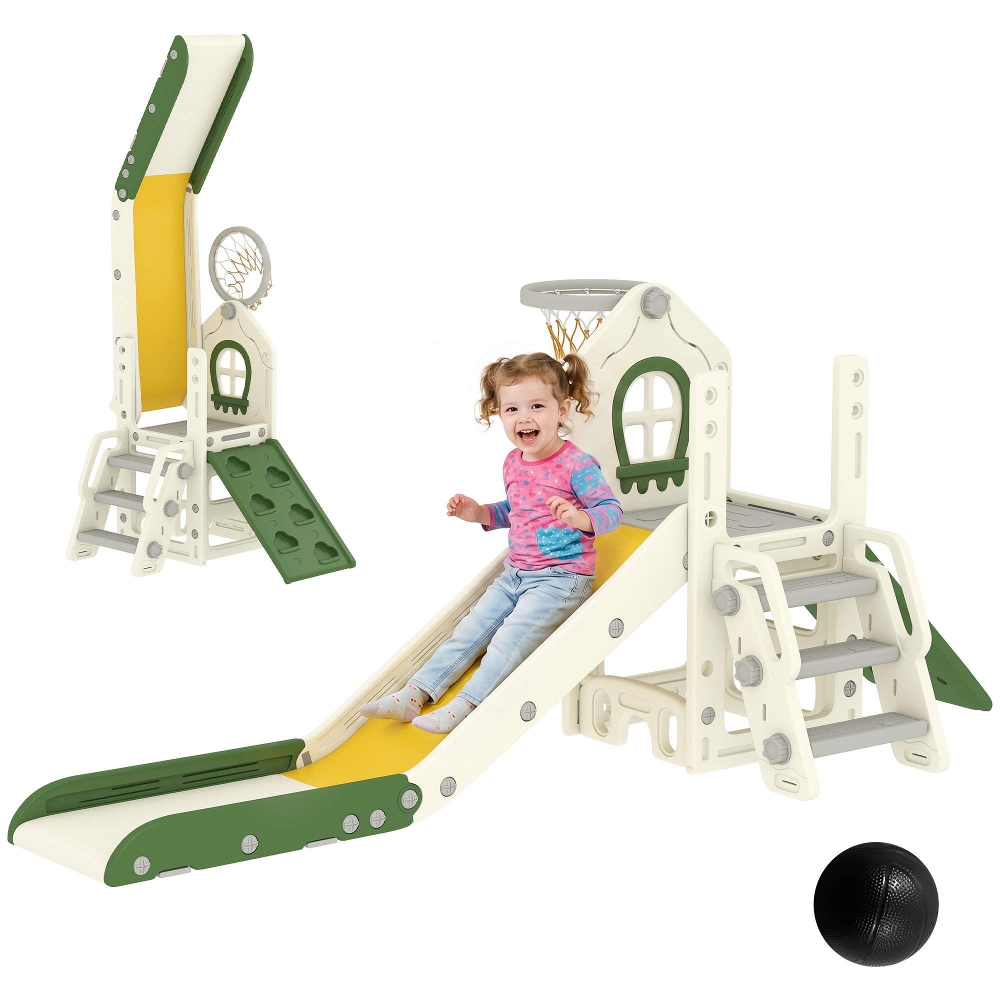 Foldable 5 in 1 Toddler Slide with Ladder, Climbing Wall, Basketball Hoop, Storage and Basketball for 1-3 Years, Cream