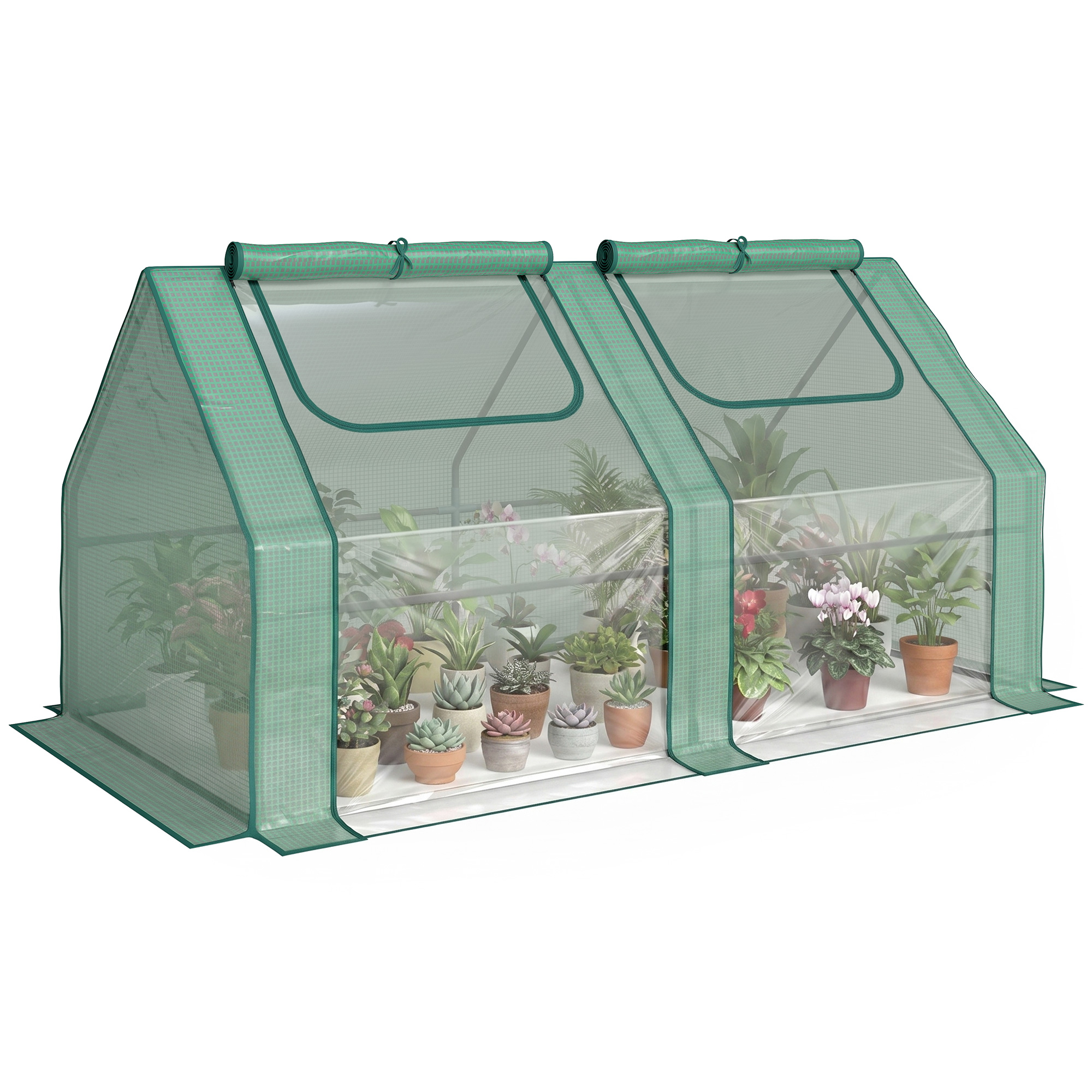 6' x 3' x 3' Portable Greenhouse, Garden Hot House with Two PE/PVC Covers and 2 Roll Up Windows, Green