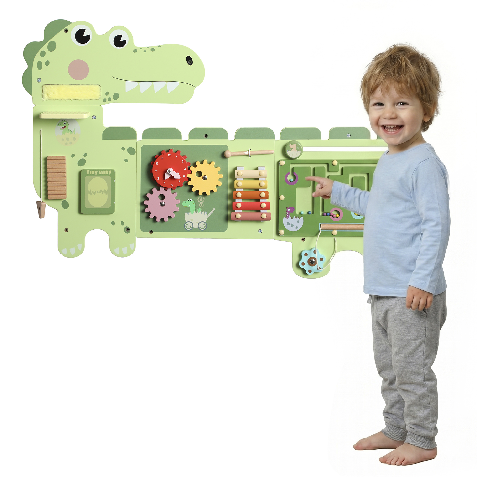 Busy Board Panels Wall-Mounted Montessori Sensory Toys Sensory Wall MDF 87 x 52 x 5.5 cm Dinosaur, Green
