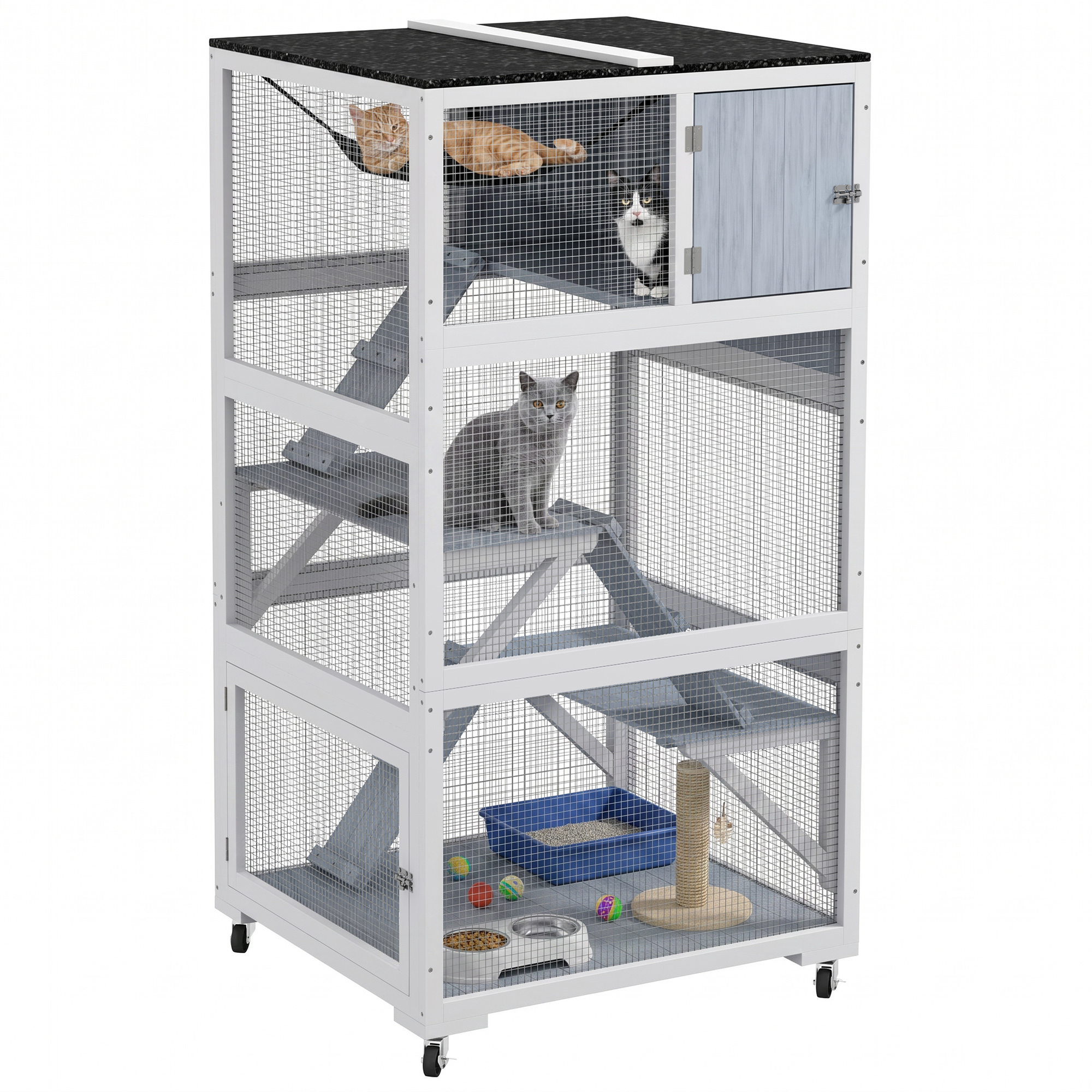 Catio, Outdoor Cat Enclosure House on Wheels with Hammock, Gray