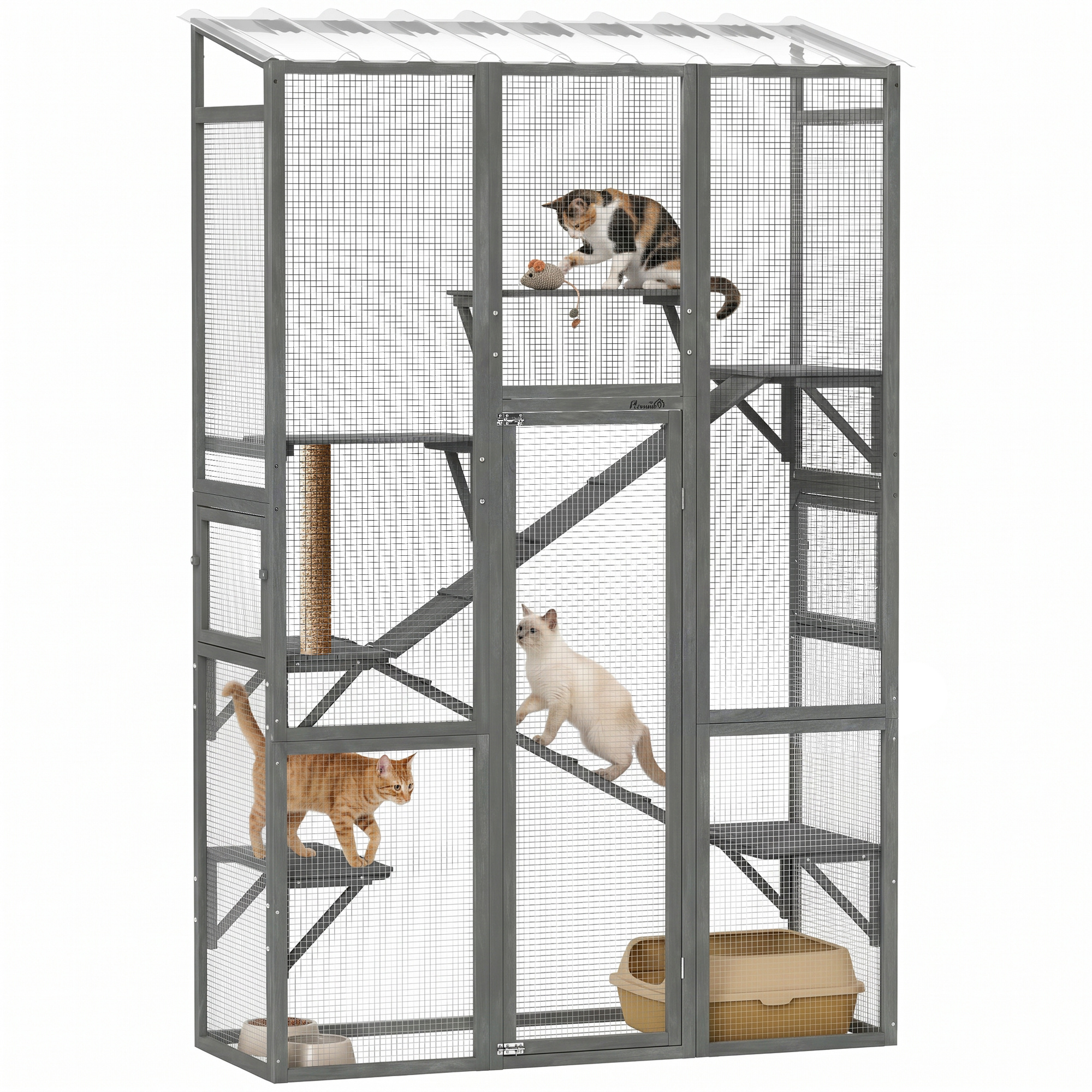 Outdoor Catio Cat Enclosure, Large Wooden Cat House with 6 Jumping Platforms, Scratching Post, 2 Ramps, for 2-3 Kittens