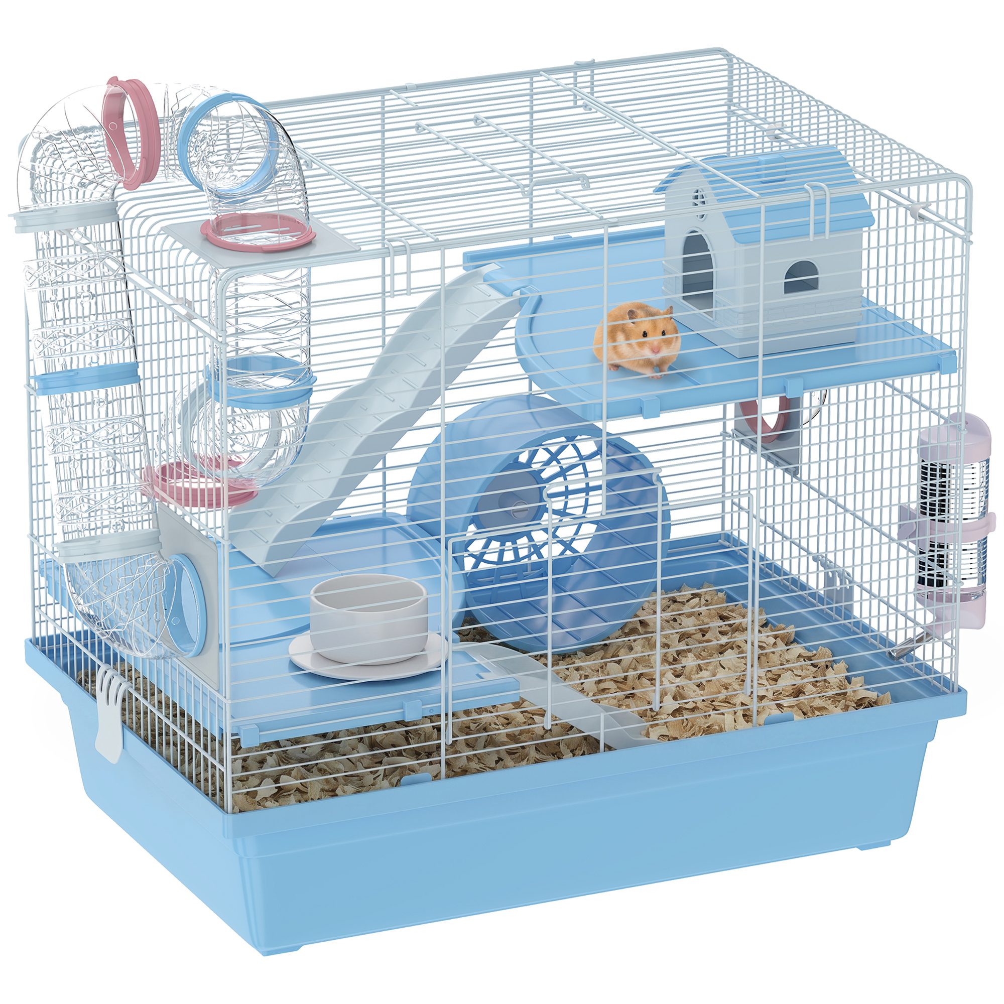 Hamster Cage, 3-Tier Small Animal Cage with Exercise Wheel, Food Bowl, Water Bottle, House, Tunnels, Ramps