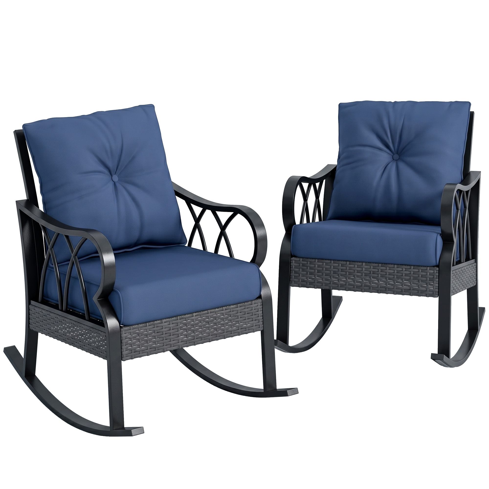 2 Piece Outdoor Wicker Rocking Chairs Rattan Porch Rockers with Cushions, Aluminum Frame for Garden, Patio, Blue