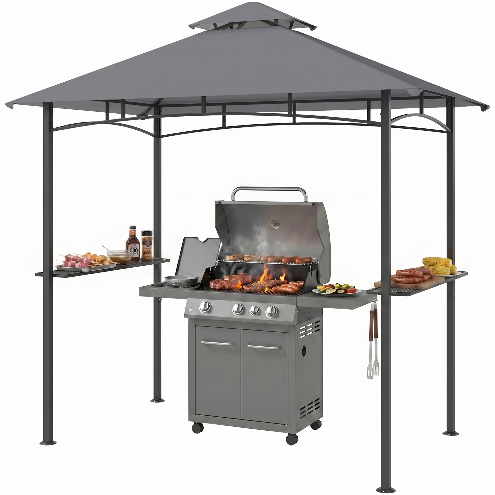 8' x 5' Grill Gazebo with Double Roof, Outdoor BBQ Canopy Gazebo with 2 Side Shelves for Patio Yard Garden Gray