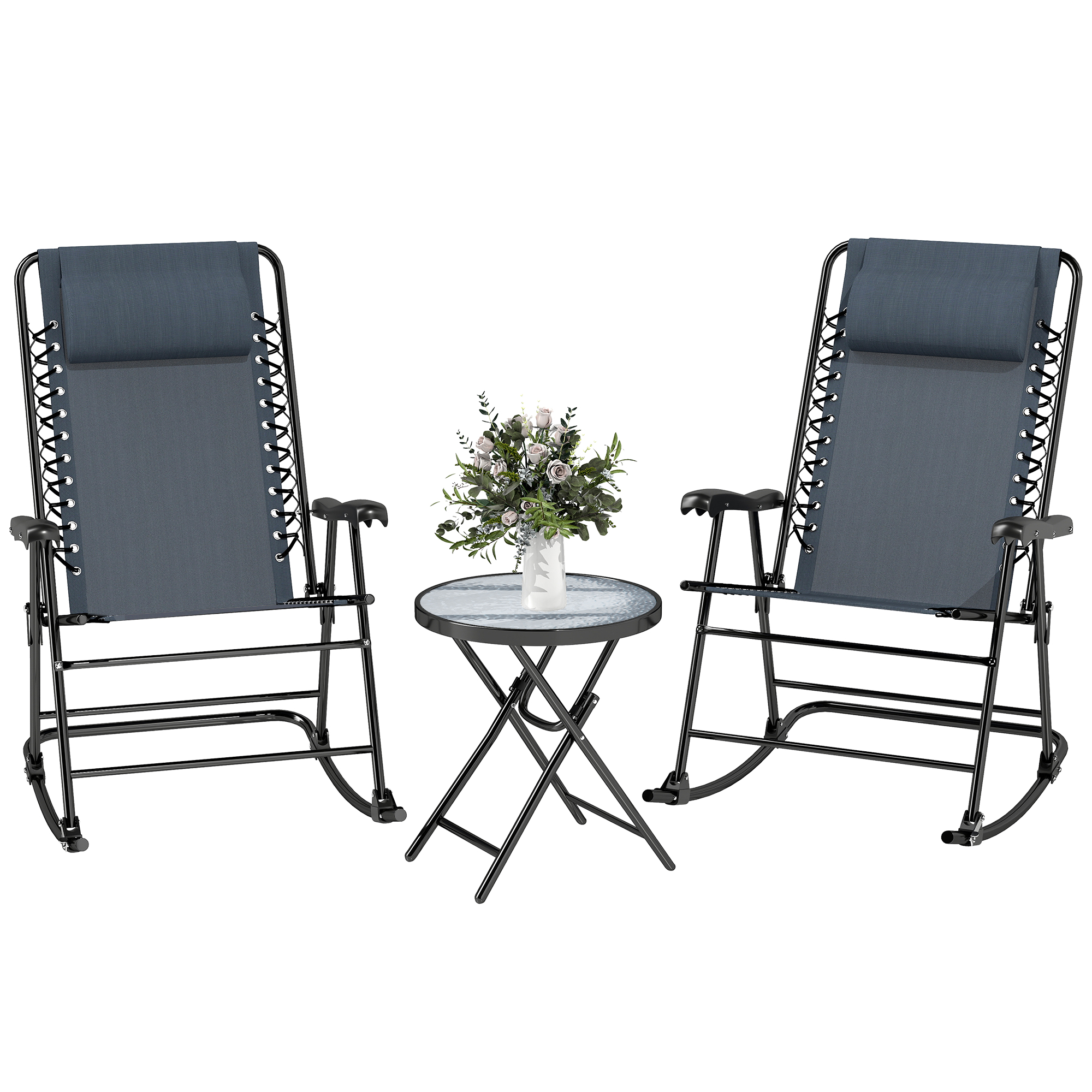 Outdoor Folding Rocking Chair Patio Table Seating Set, 2 Rocking Chairs with Armrests and 1 Side Table with Tempered Glass - Grey