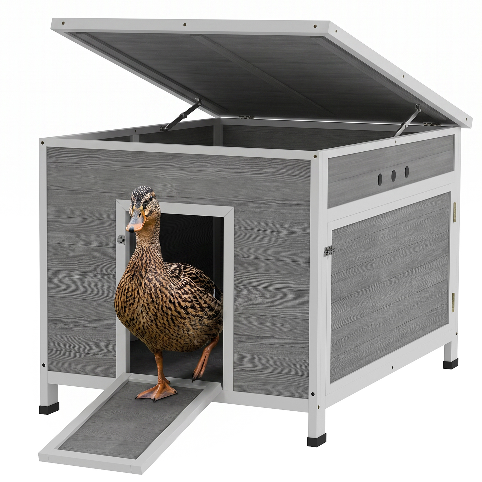 Wooden Duck Coop with Openable Roof, Removable Floor, Double Doors, Ramp, for 3-6 Ducks, Chickens, 30" x 38" x 30"