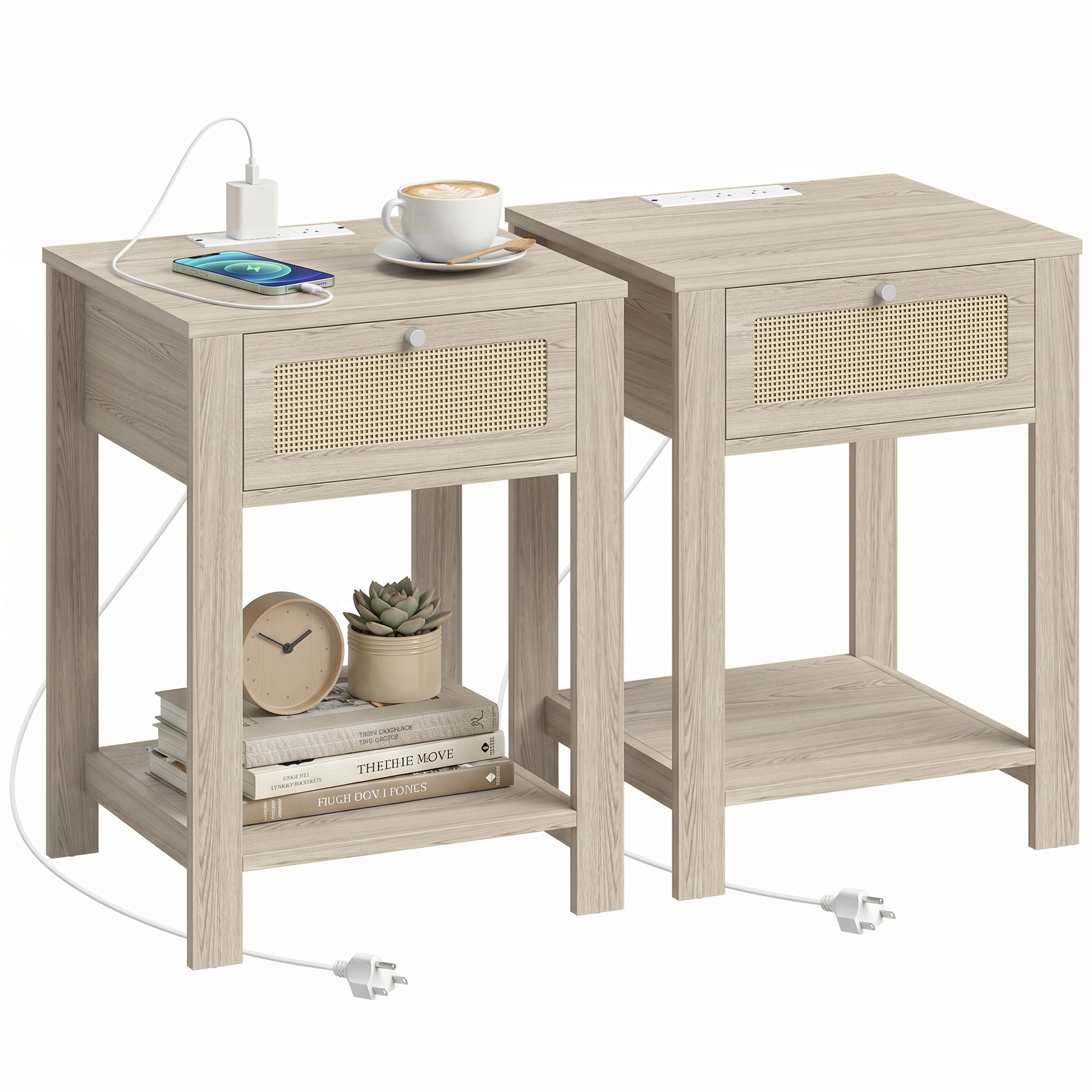 End Table Set of 2 with Charging Station, Bed Side Tables Set with Drawer, Storage Shelf for Living Room, Natural Wood