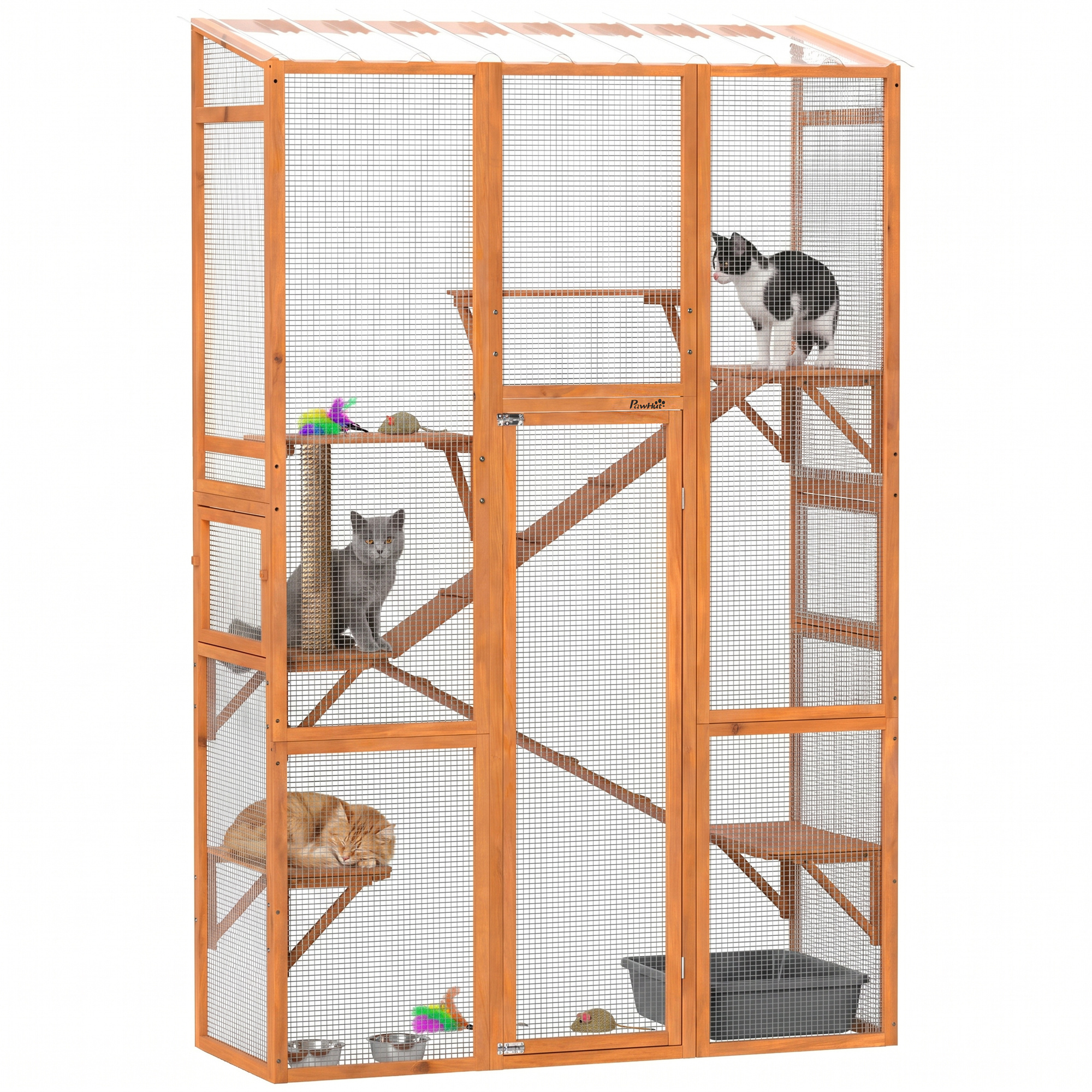 Outdoor Catio Cat Enclosure, Large Wooden Cat House with 6 Jumping Platforms, Scratching Post, 2 Ramps, for 2-3 Kittens