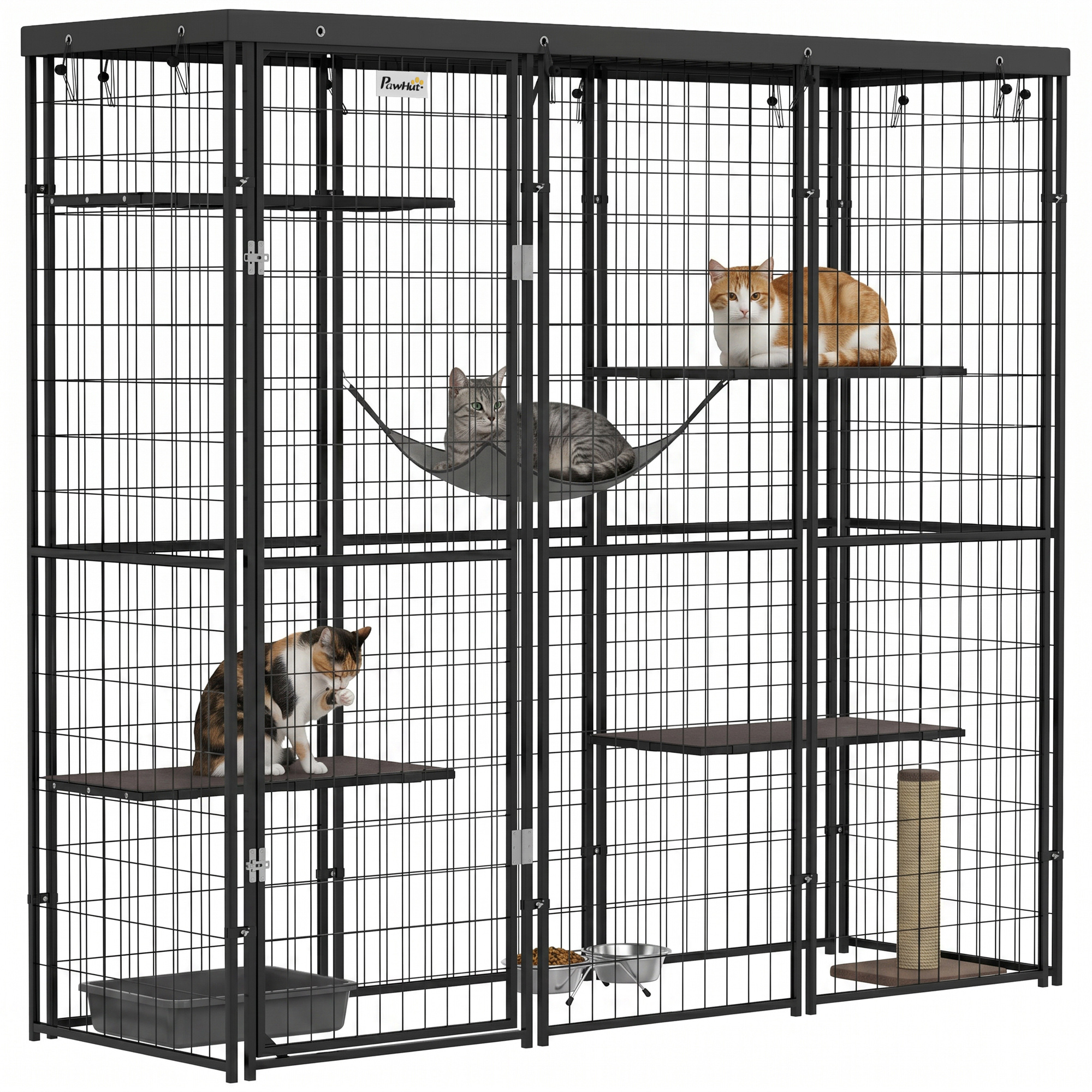 Weld Wire Catio Outdoor Indoor with Waterproof Cover, 4 Jumping Platforms, Hammock, for 1-3 Kittens, 69" x 22" x 62"