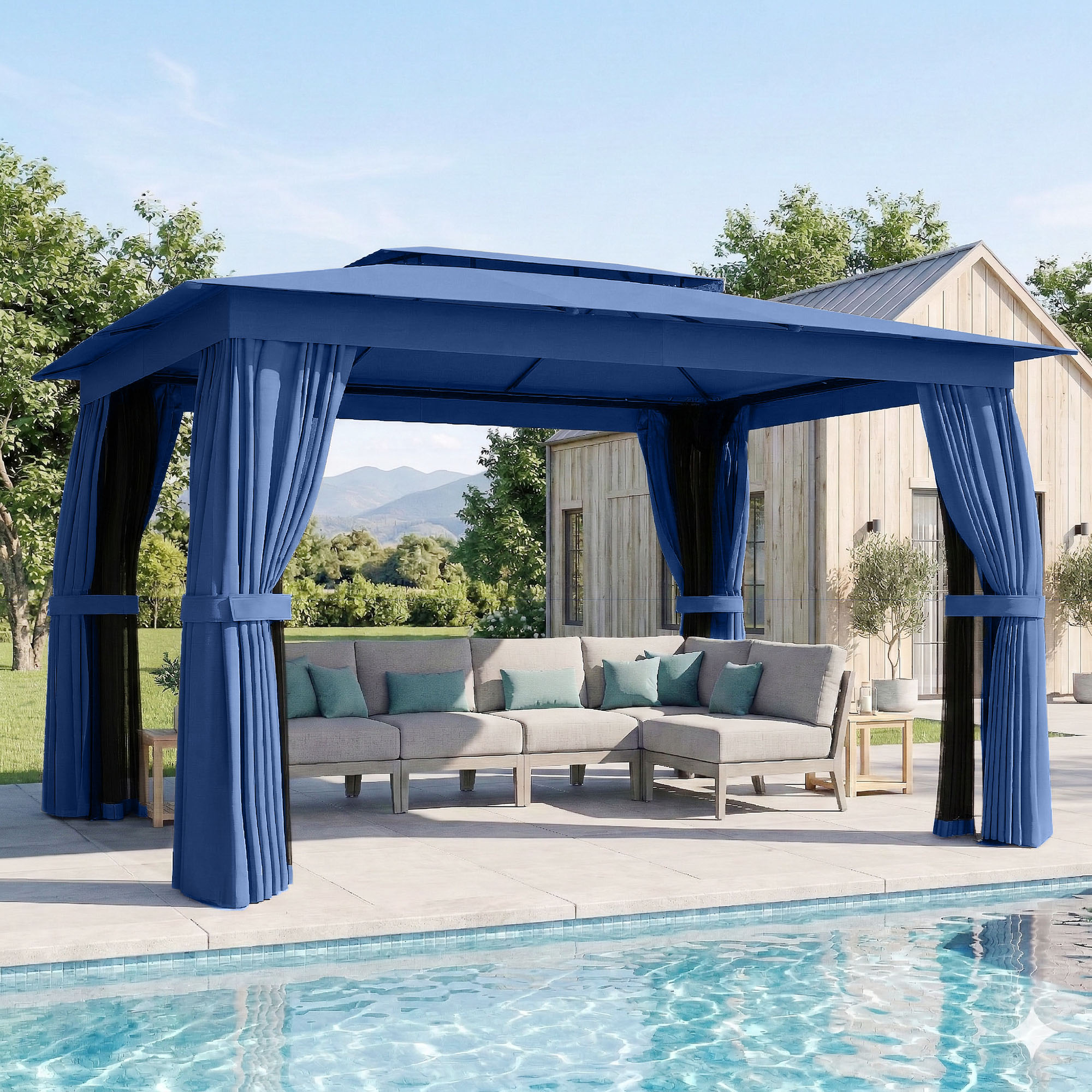10' x 12' Outdoor Patio Gazebo, Soft Top Gazebo Canopy Shelter with Curtains, Netting, Steel Frame, Hooks, Blue