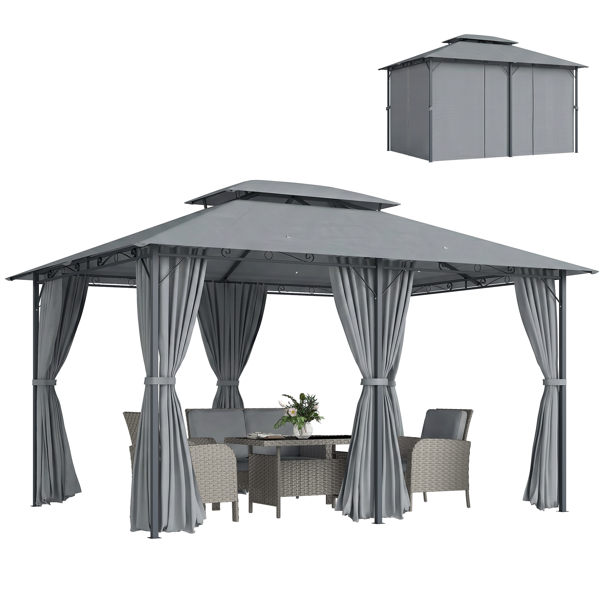 10' x 13' Outdoor Soft Top Gazebo Pergola with Curtains, 2-Tier Steel Frame Gazebo for Patio, Sage Gray