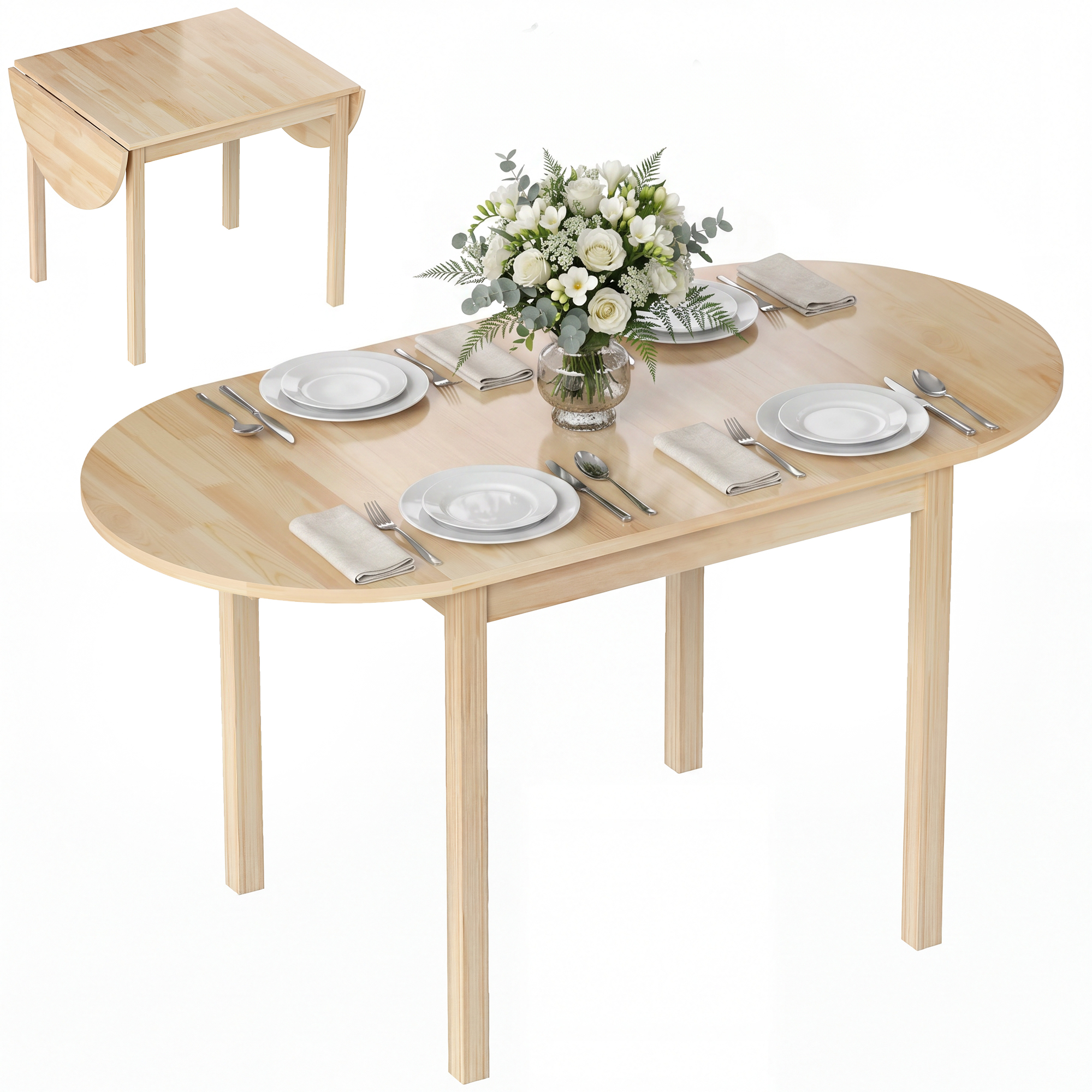 55" Wood Kitchen Table, Drop Leaf Tables for Small Spaces, Natural