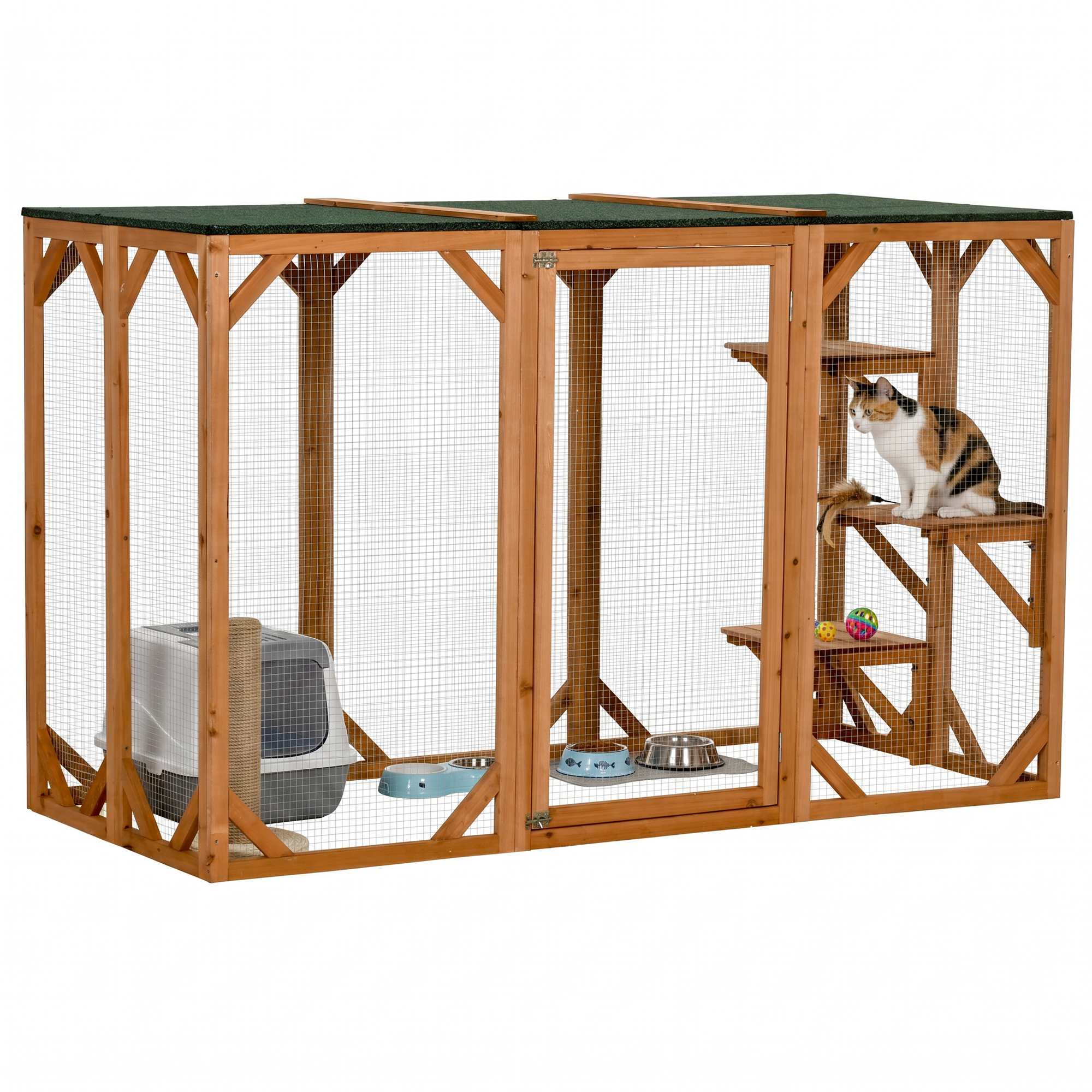 Outdoor Cat House, Catio Wooden Feral Cat Shelter, Cat Cage with Platforms, Large Enter Door, Weather Protection Asphalt Roof, 71" L, Orange