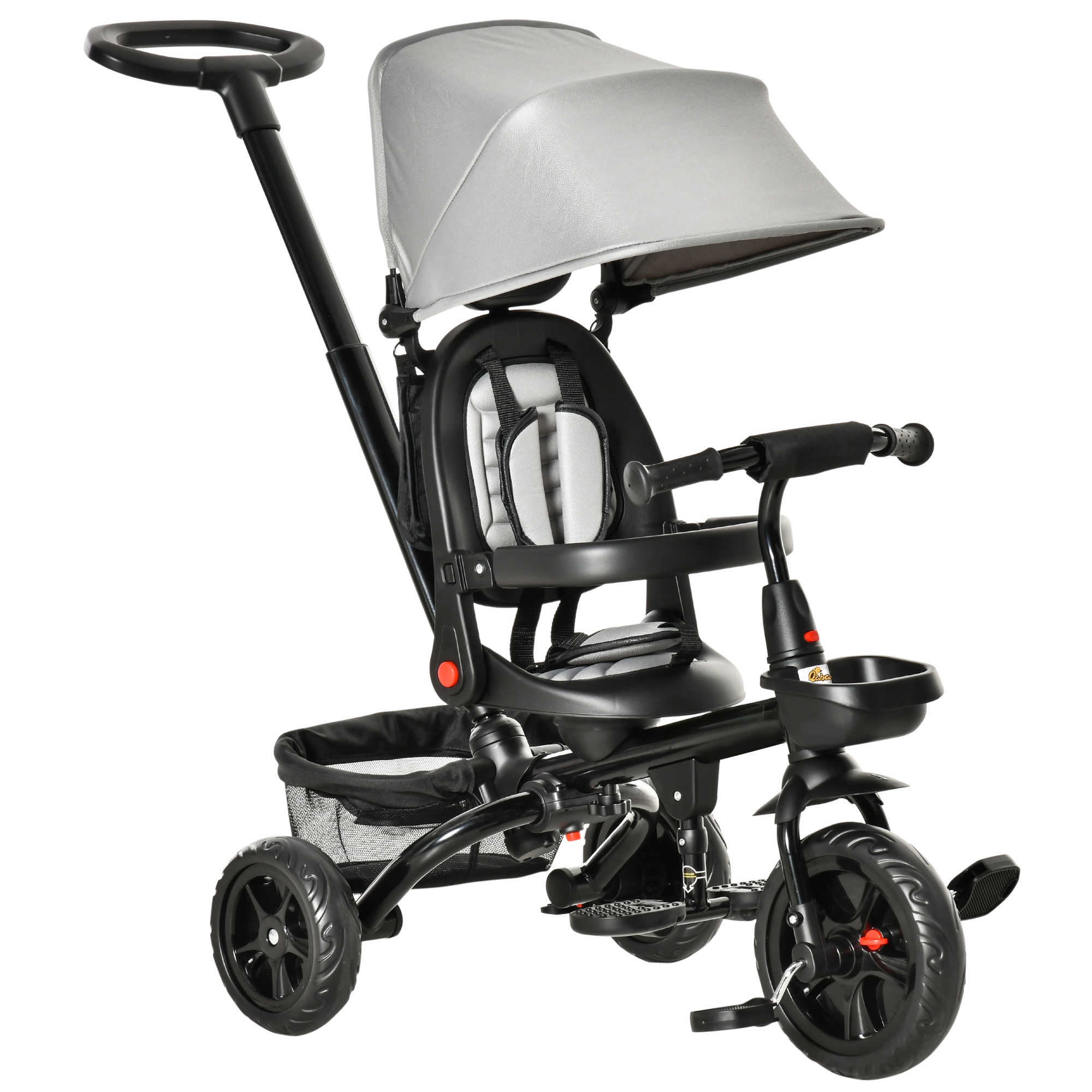 Kids Tricycle, 5 in 1 Foldable Trike with Reversible Seat, Adjustable Parent Handle, Safety Harness, Wheel Brakes, Removable Canopy, Storage, Tricycle for Toddlers 1-5 Years, Gray