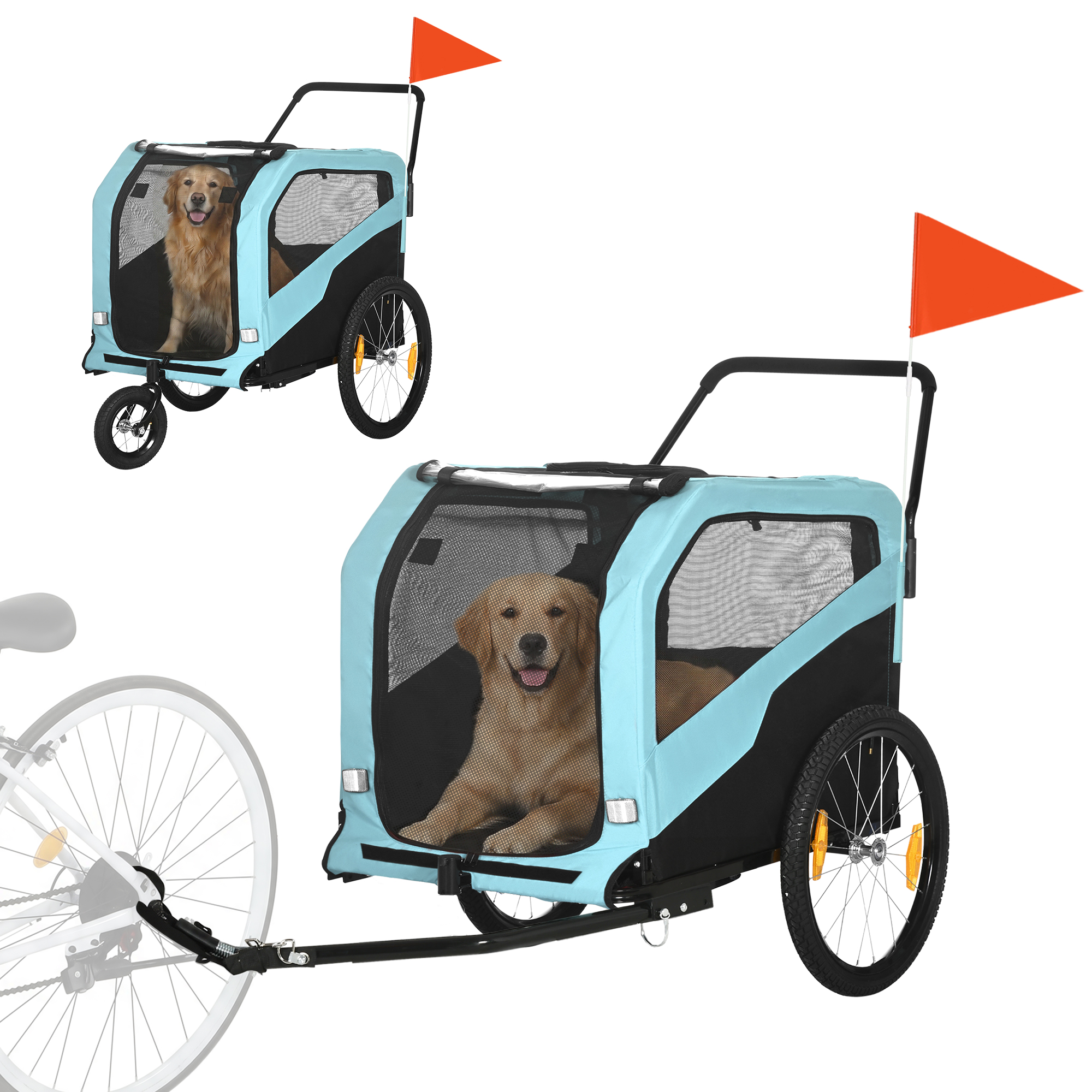 2-in-1 Dog Bike Trailer Pet Stroller Carrier for Large Dogs with Hitch, Quick-release Wheels, Foot Support, Pet Bicycle Cart Wagon Cargo for Travel, Blue