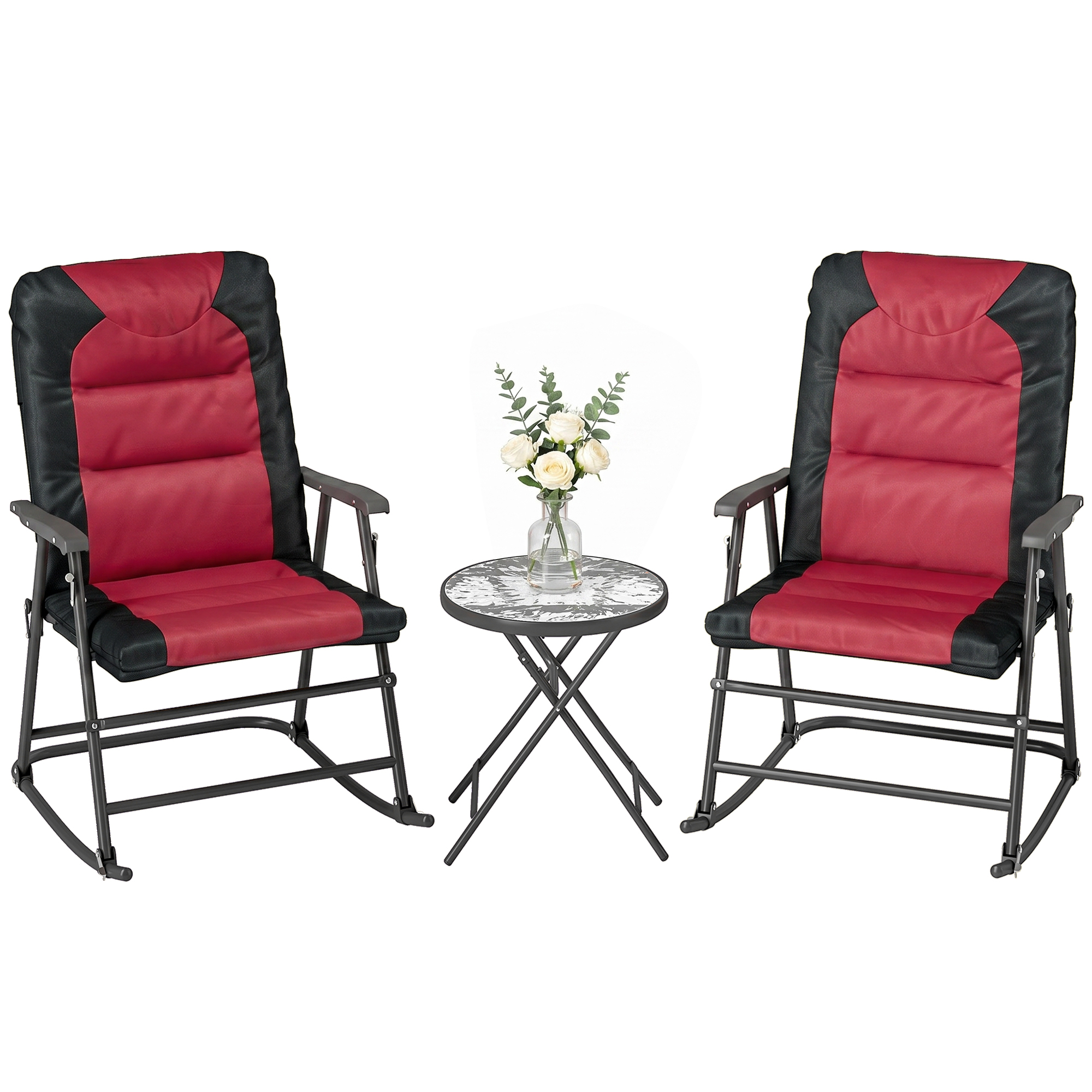 3 Piece Outdoor Patio Furniture Set with Glass Coffee Table & 2 Folding Padded Rocking Chairs, Bistro Style for Porch, Camping, Balcony, Red