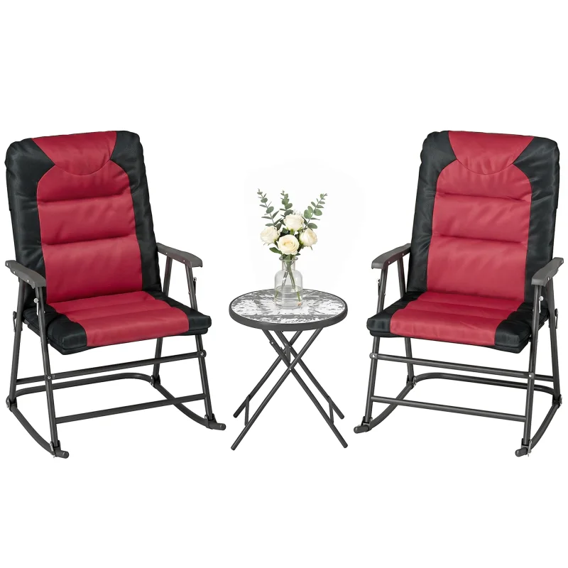 3 Piece Outdoor Patio Furniture Set with Glass Coffee Table & 2 Folding Padded Rocking Chairs, Bistro Style for Porch, Camping, Balcony, Red