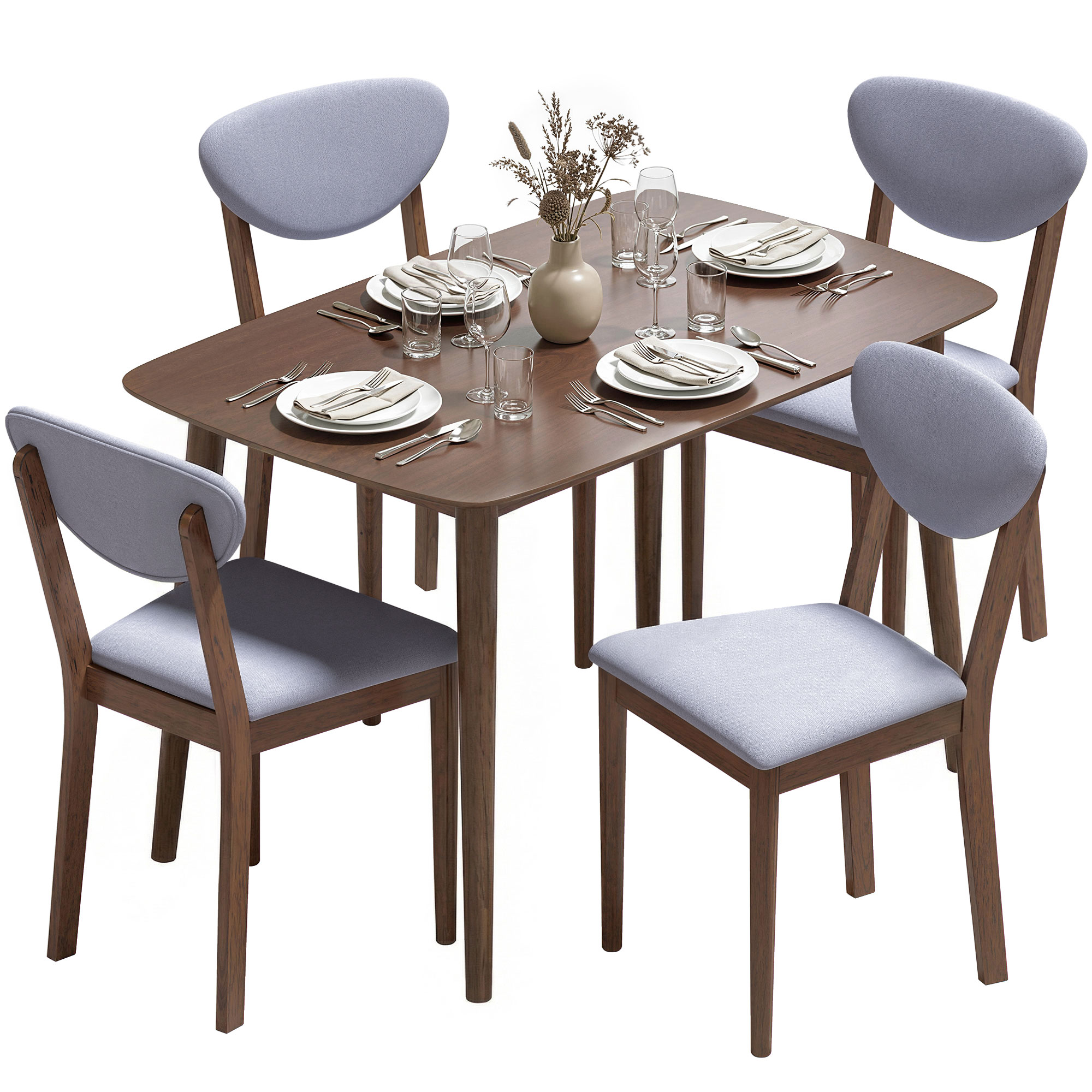 5-Piece Dining Table Set for 4, Mid-Century Modern Kitchen Table and Chairs, Light Gray