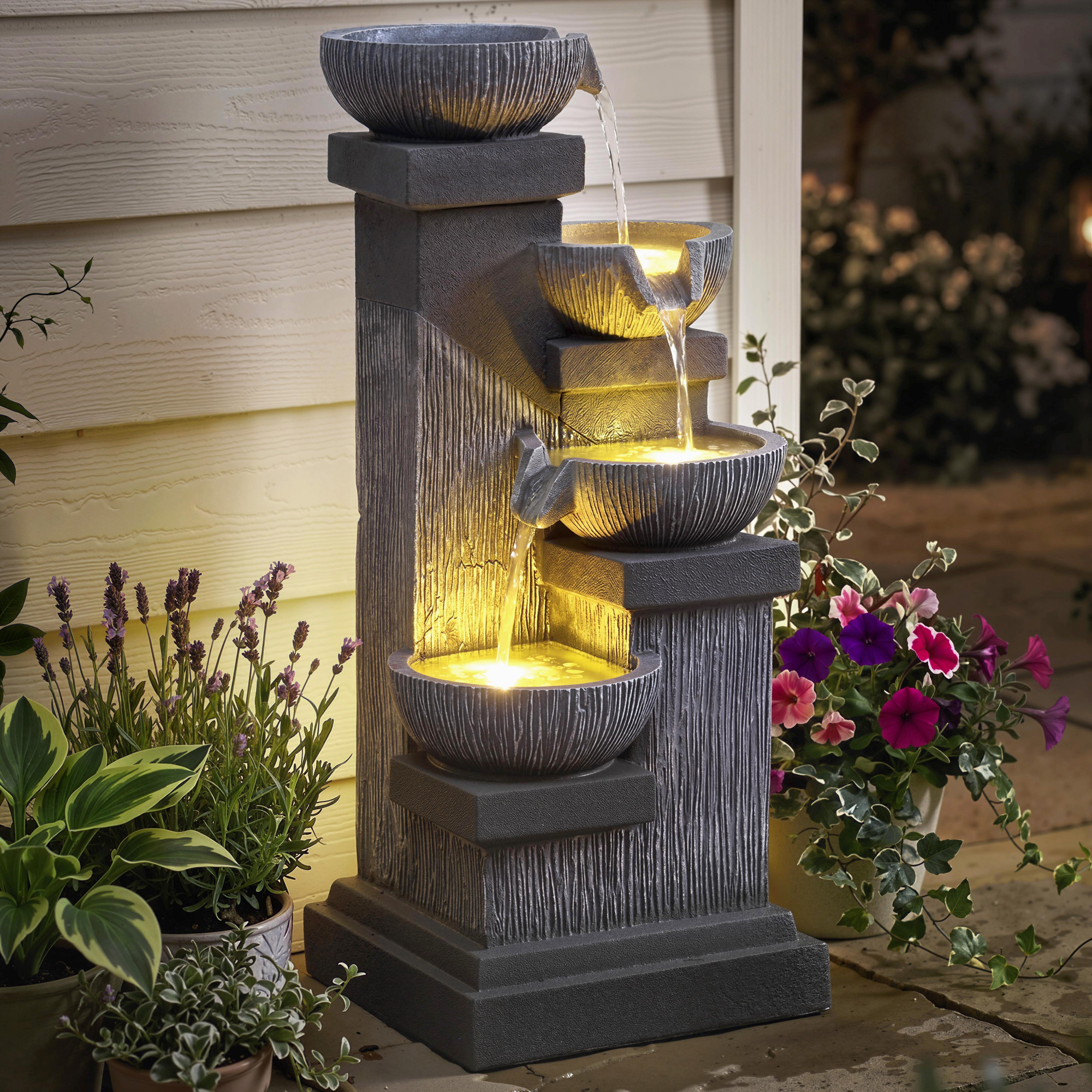33.5" Water Fountain, 4-Tier Resin Cascading Bowls Outdoor Waterfall Fountain with LED Lights, Pump