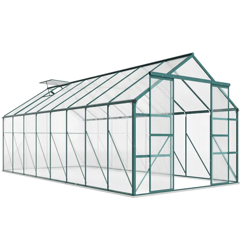 16' x 8' Aluminum Greenhouse Polycarbonate Walk-in Garden Greenhouse Kit with Adjustable Roof Vent, Rain Gutter and Sliding Door for Winter, Clear