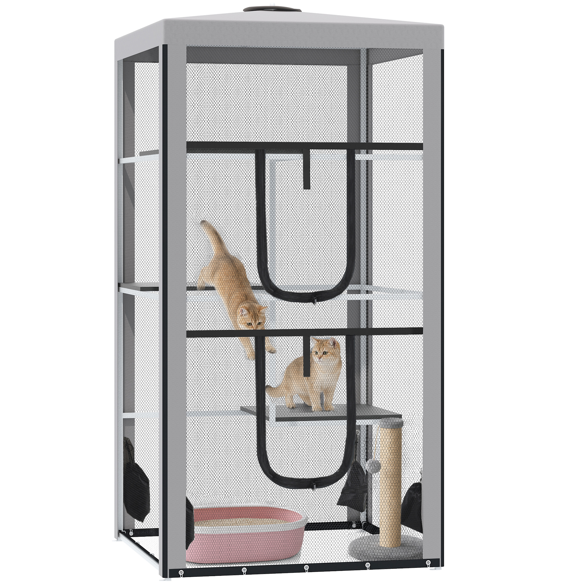 79"H Cat House Kitten Enclosure Mesh Playpen Steel Frame with 3 Platforms, 2 Doors and 4 Sandbags for Stability, Indoor/Outdoor