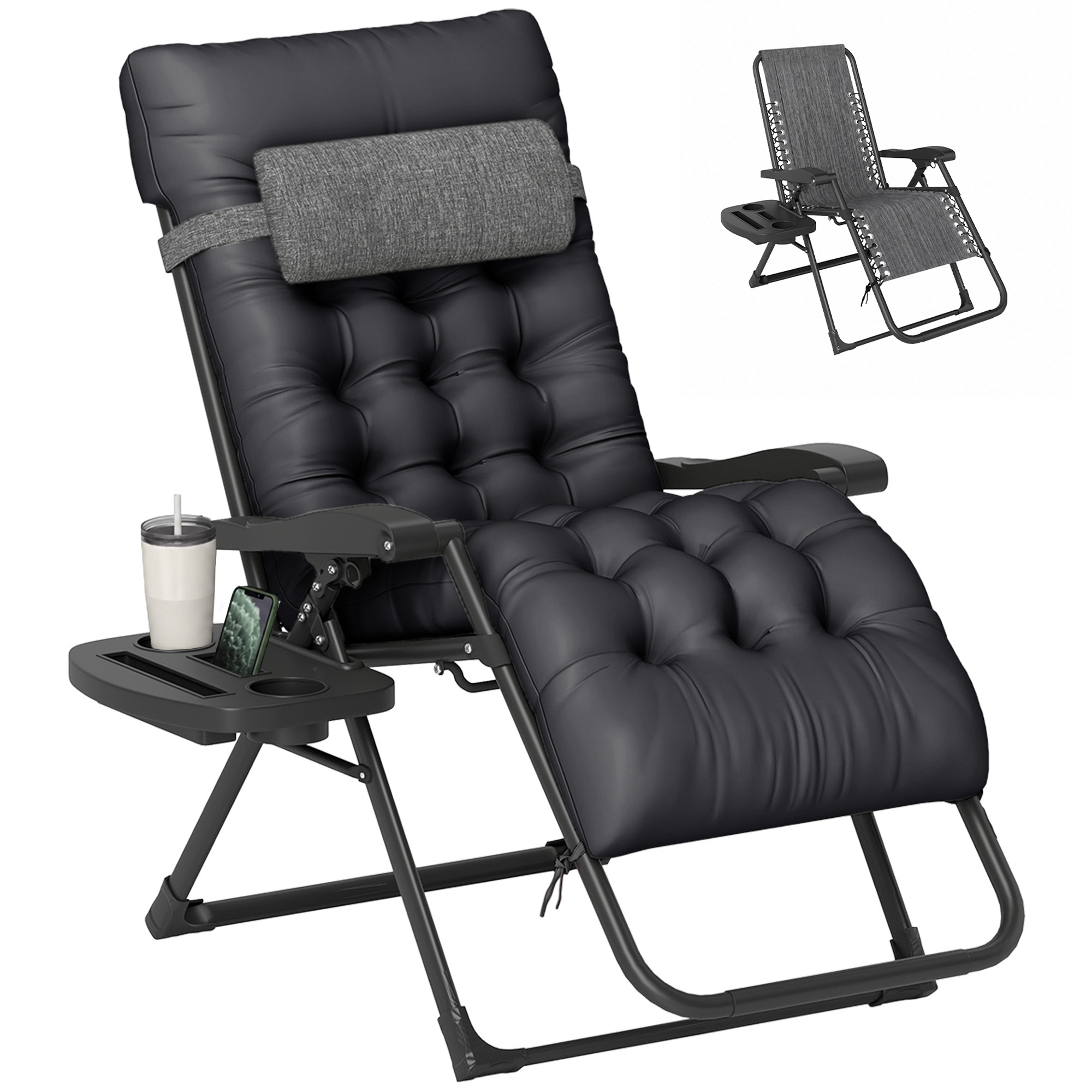 Padded Zero Gravity Chair, Folding Recliner Chair with Cup Holder Cushion, Black