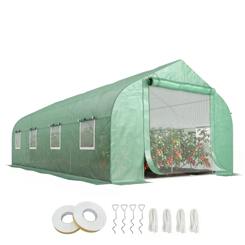 20' x 10' x 7' Walk-in Tunnel Greenhouse with Zippered Mesh Door and 8 Mesh Windows, Gardening Plant Hot House with Galvanized Steel Hoops, Green