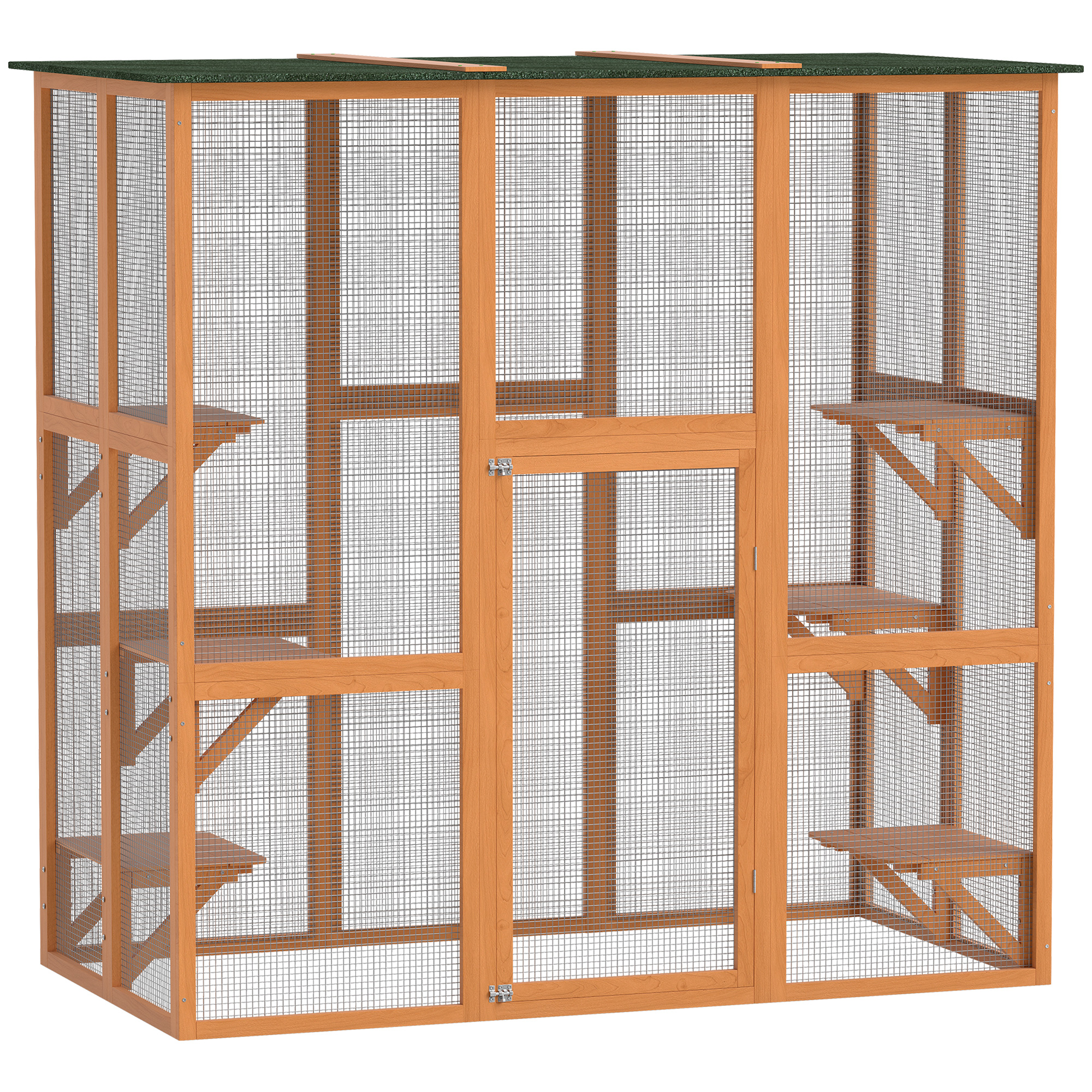 Outdoor Cat House Big Catio Wooden Feral Cat Shelter Enclosure with Large Spacious Interior, 6 High Ledges, Weather Protection Asphalt Roof, 71" L, Orange