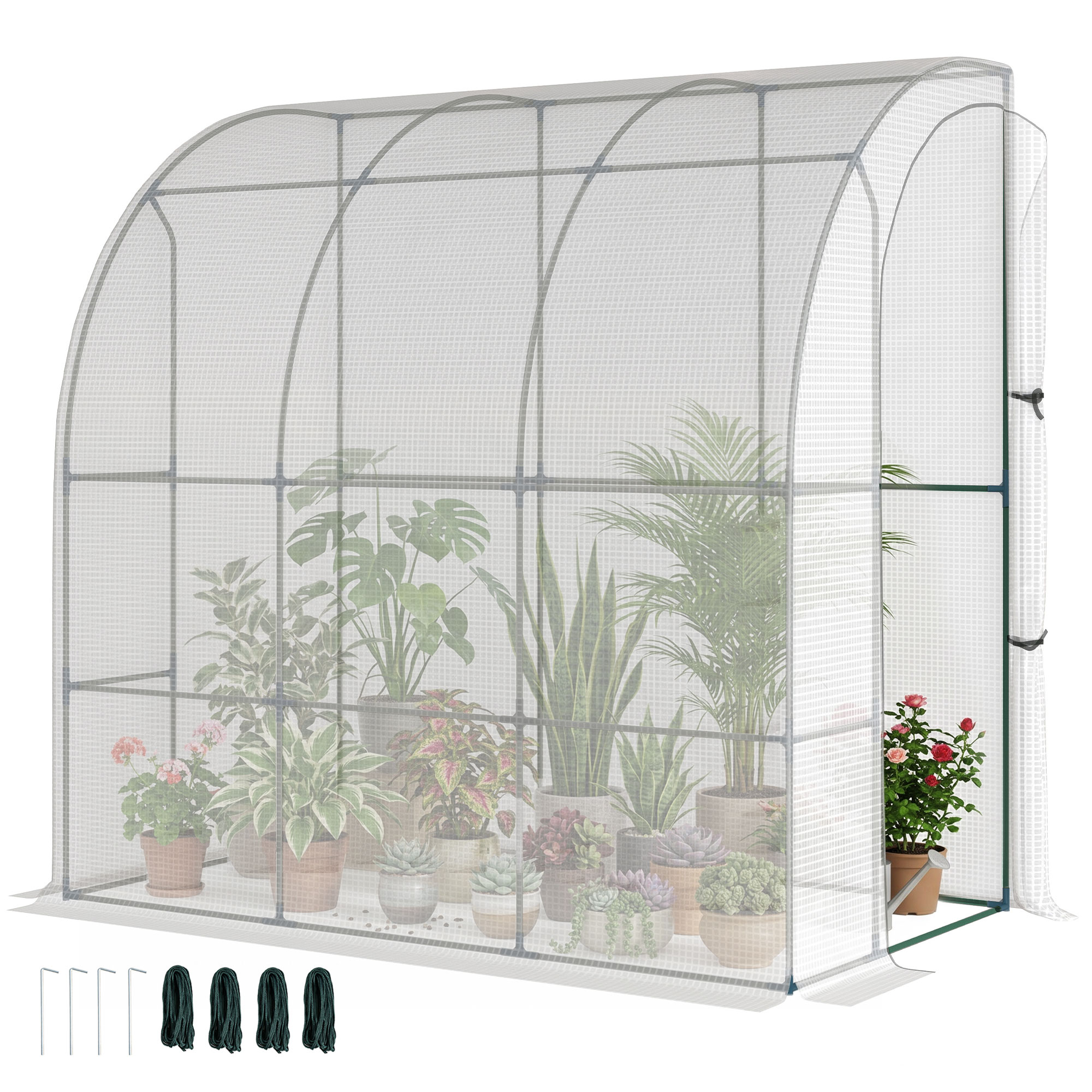 7' x 4' x 7' Outdoor Lean to Greenhouse, Walk-In Green House Plant Nursery with Roll-up Window, PE Cover, White
