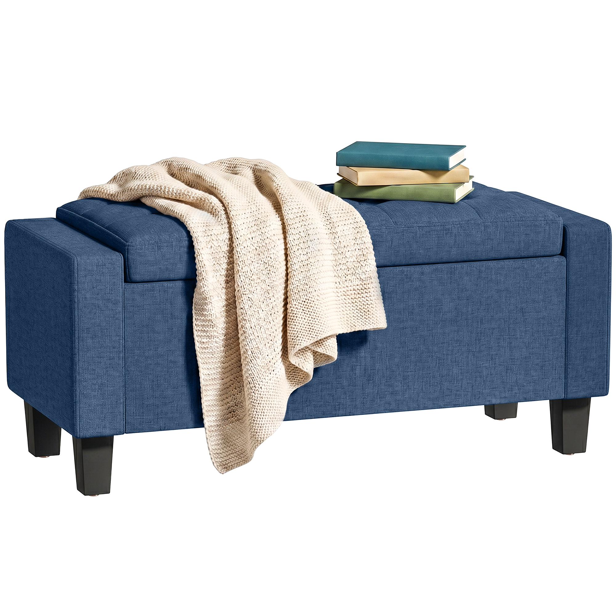 Storage Ottoman, Storage Bench with Wooden Legs, Tufted Armrests for Entryway, Living Room, Bedroom, 36.6", Blue