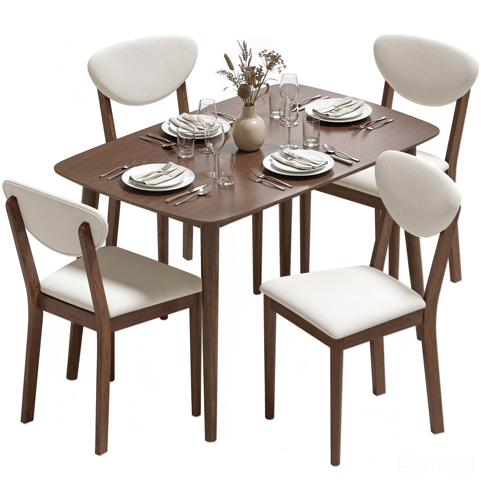 5-Piece Dining Table Set for 4, Mid-Century Modern Kitchen Table and Chairs, Cream White