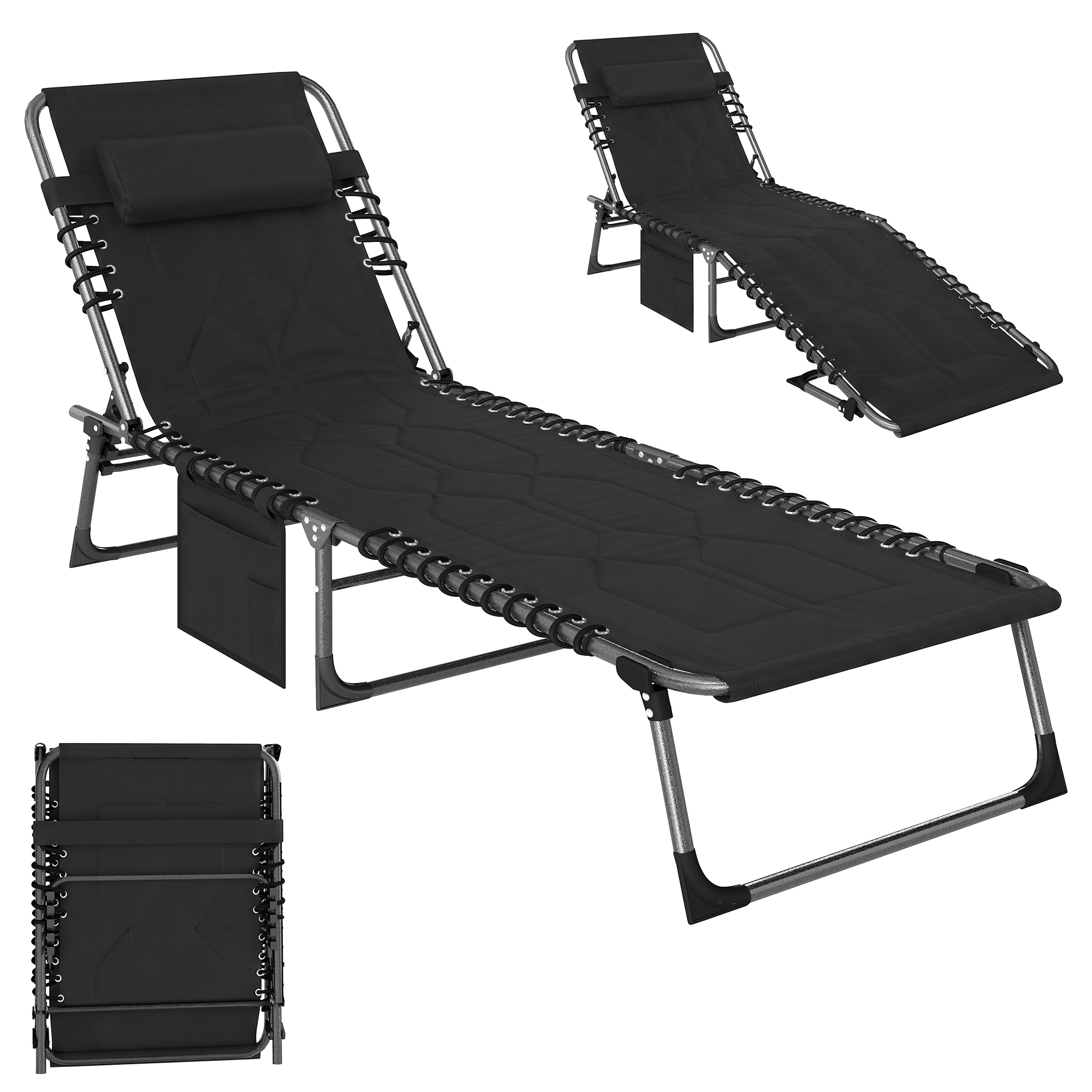 Padded Folding Chaise Lounge Chair, Outdoor 6-Level Reclining Camping Tanning Chair with Headrest for Beach, Yard, Patio, Pool, Black