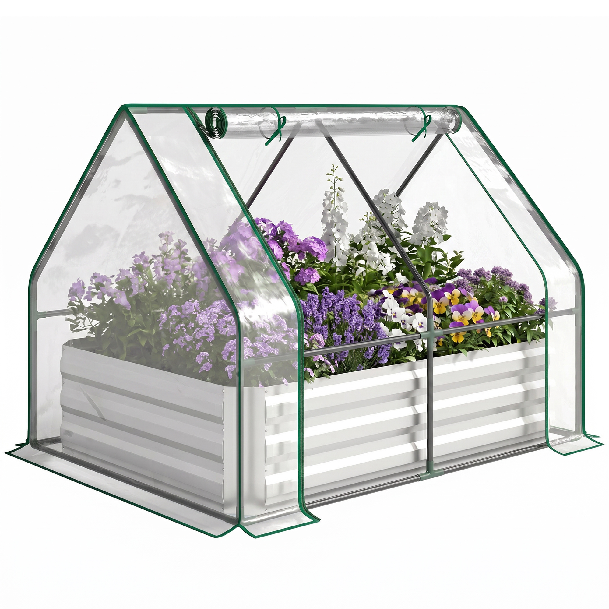 Raised Garden Bed with Cover, Outdoor Galvanized Metal Planter Box Kit, 4 x 3 ft Mini Greenhouse with 2 Large Screen Windows, for Growing Flowers, Vegetables and Herbs, Clear