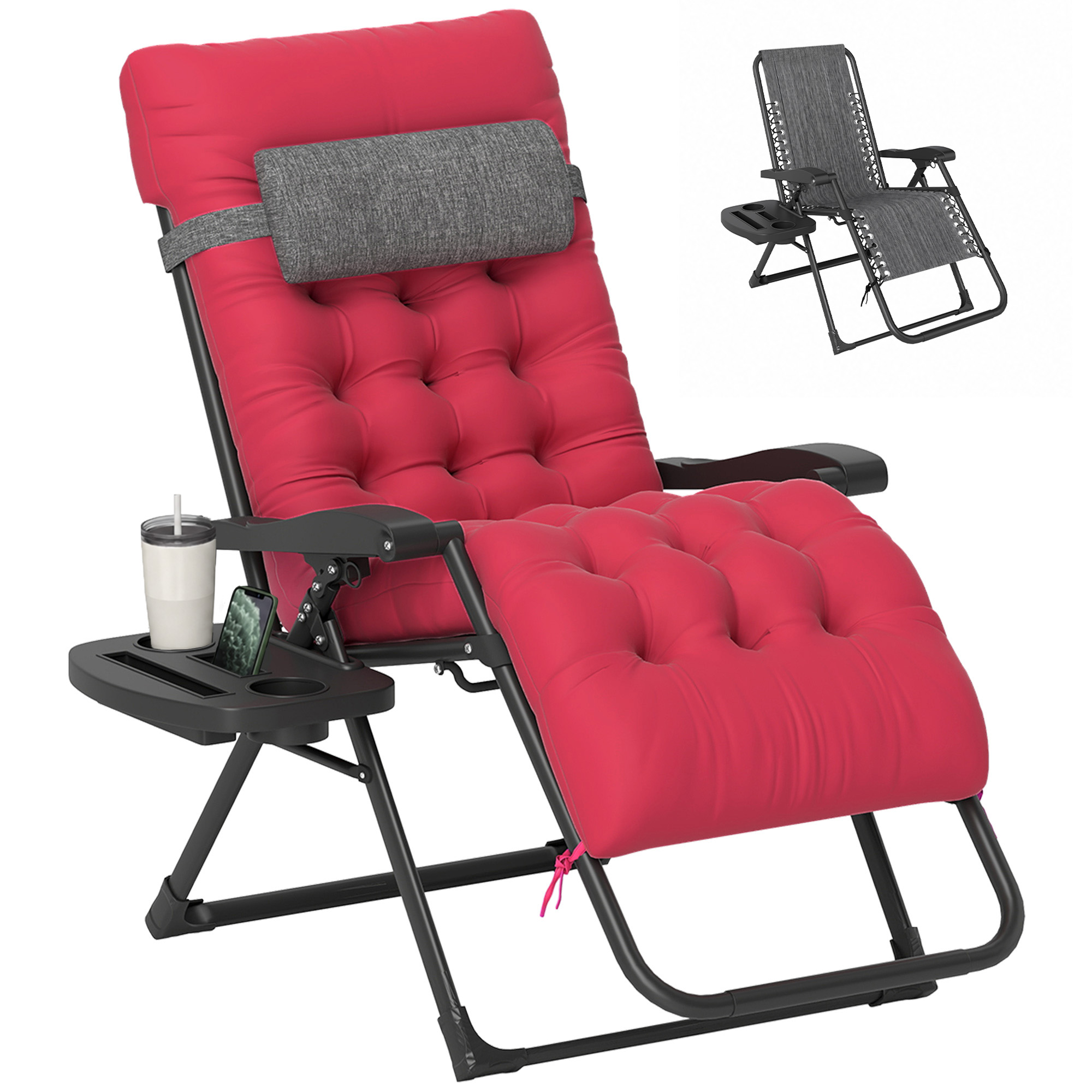 Padded Zero Gravity Chair, Folding Recliner Chair with Cup Holder Cushion, Red