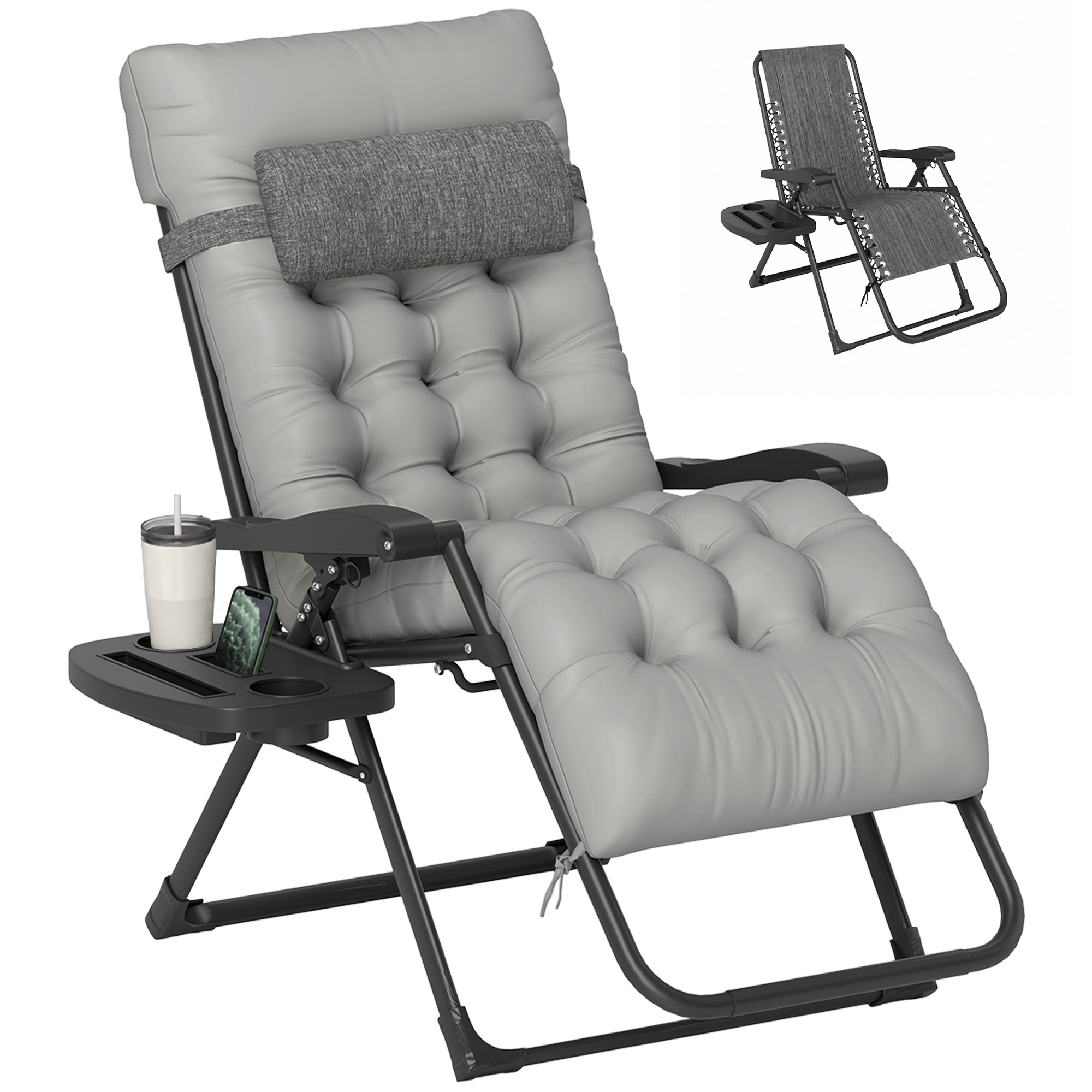 Padded Zero Gravity Chair, Folding Recliner Chair with Cup Holder Cushion, Gray