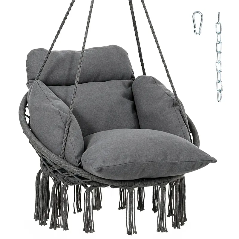 Hammock Swing Chair, Macrame Hanging Chair with Large Cushion, Chain, Steel Frame for Indoor Outdoor Use, Dark Gray
