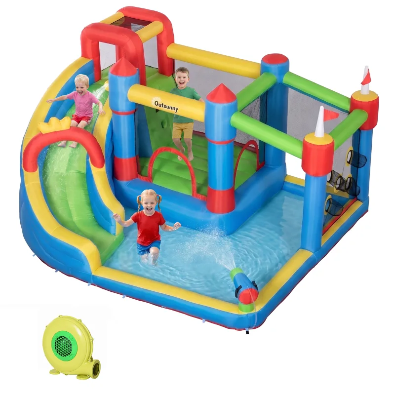 6-in-1 Inflatable Water Slide with Splash Pool, Slide, Climbing Wall, Water Cannon, Inflatable Bounce House for Kids with 2 Min. Inflation and Air Blower
