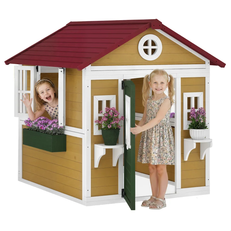 Wooden Playhouse for Kids Outdoor with Doors, Windows, Planter Pots and Boxes for Toddlers 3-8 Years, Beige