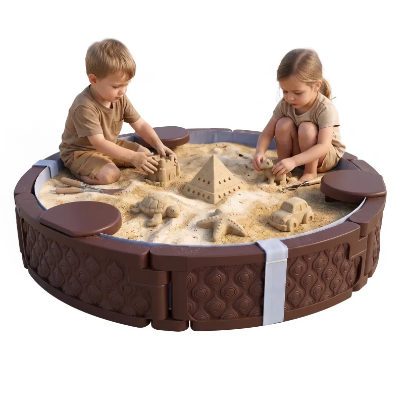 47" Round Kids Sandbox with Cover, 3 Seats, Waterproof Bottom Liner, for Backyard, Lawn, Garden, Beach, Patio, Brown