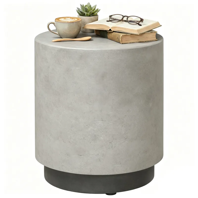 Lightweight Accent Table with Concrete Finish, Round Side Table with 4 Adjustable Feet for Indoor, Outdoor, Gray