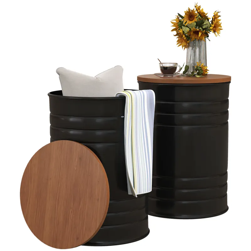 Round Storage Ottoman Set of 2, Nesting Ottomans with Wooden Lid, Metal Frame and Hidden Storage Space for Bedroom