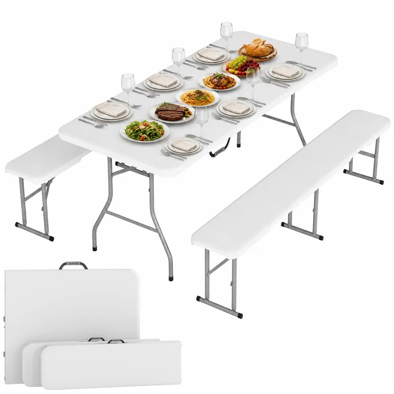 6FT 3 PCS Portable Camping Table and Chairs, Folding Picnic Table Bench Set with Carrying Handles for BBQ, Party, White