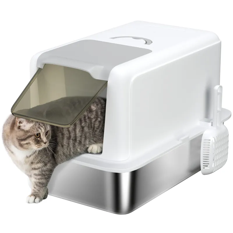 2 in 1 Stainless Steel Cat Litter Box with Removable Lid, Scoop, Filter Bags, for Small to Large Cats, White