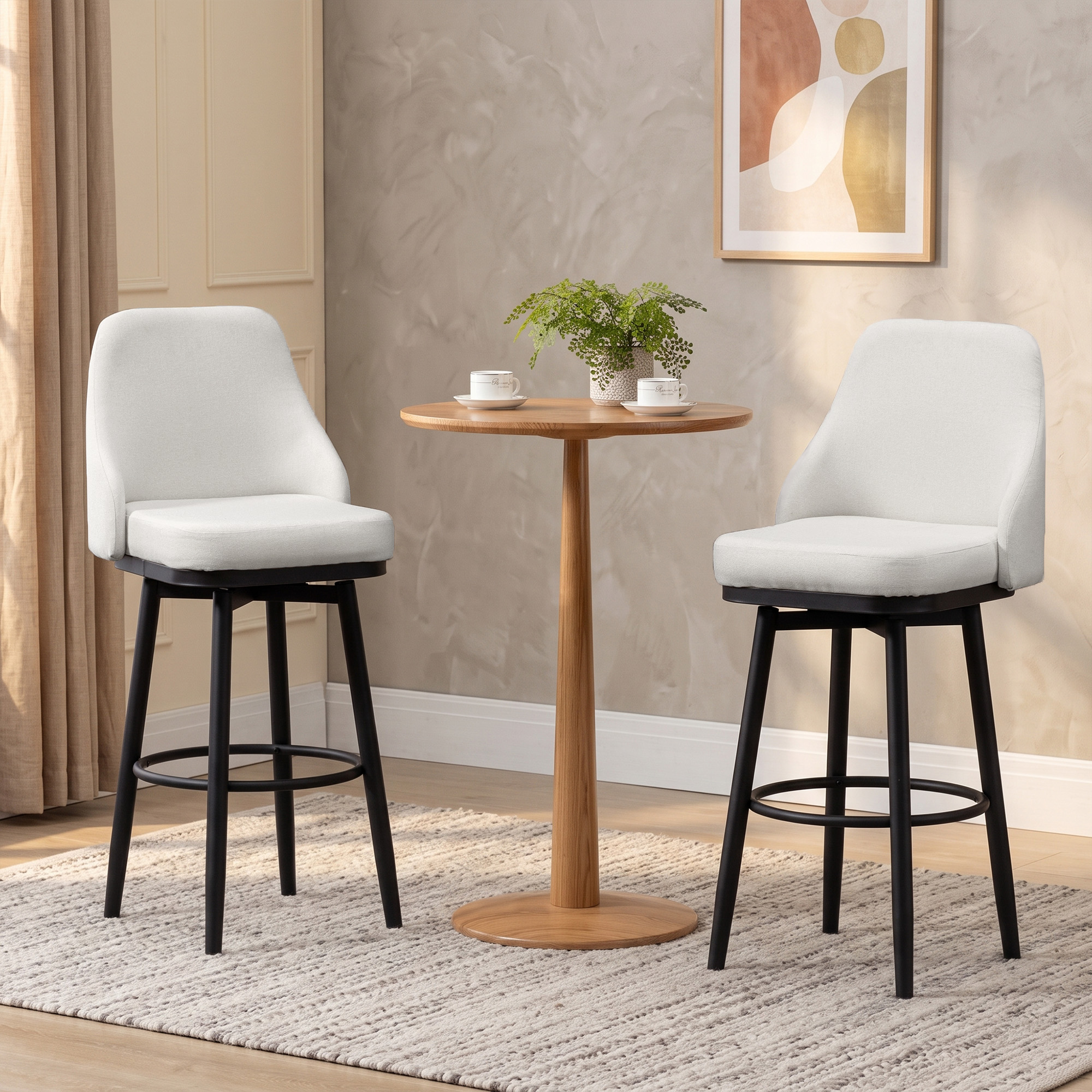 Bar Height Bar Stools Set of 2, Modern 360° Swivel Kitchen Chairs with Steel Legs and Footrest, 29.5 Inch Seat Height Upholstered Barstools for Kitchen Island, Cream White