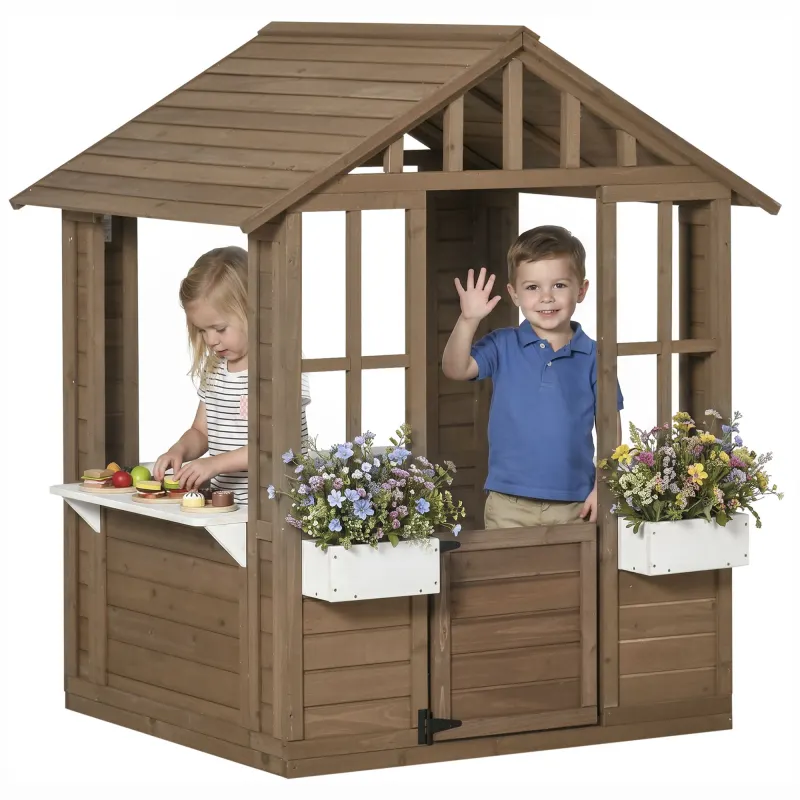 Kids Wooden Playhouse, Outdoor Garden Games Cottage with Flowers Pot Holder, Working Door, Windows, Brown