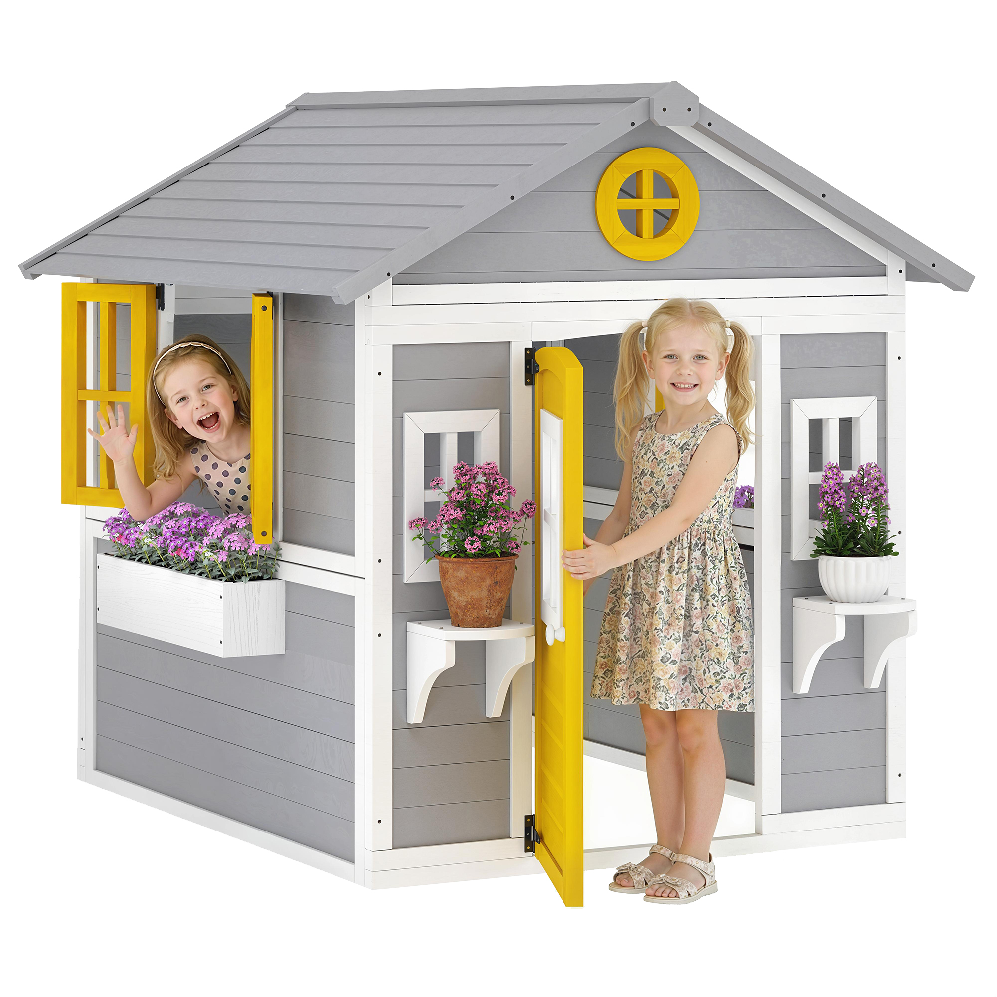 Wooden Playhouse for Kids Outdoor with Doors, Windows, Planter Pots and Boxes for Toddlers 3-8 Years, Gray