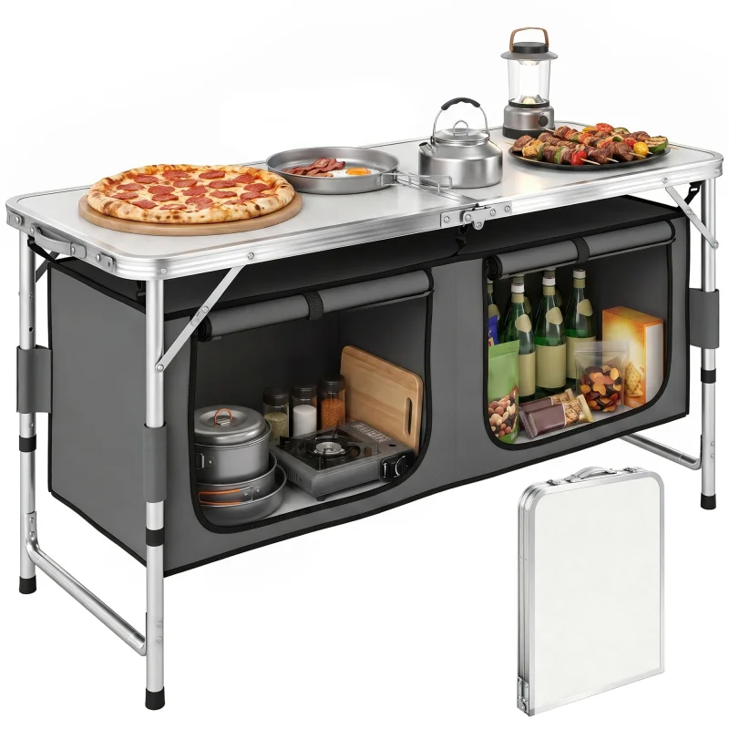 47" Portable Camping Table Aluminum Picnic Folding Camping Table with Carrying Handle and Storage Organizer
