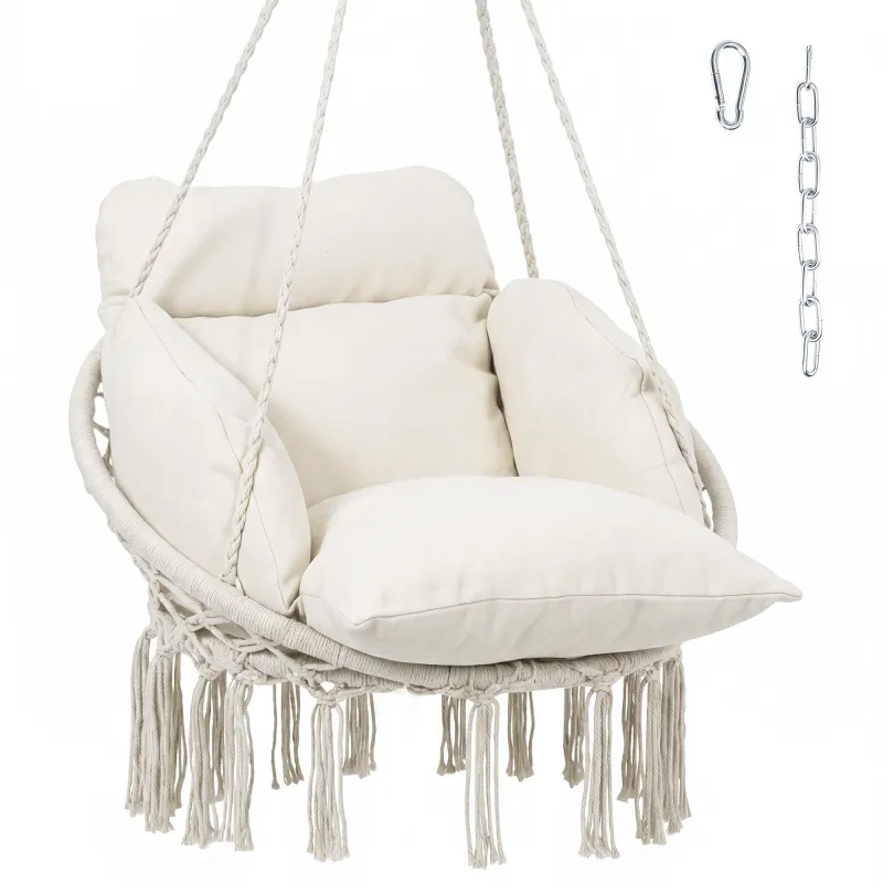 Hammock Swing Chair, Macrame Hanging Chair with Large Cushion, Chain, Steel Frame for Indoor Outdoor Use, Cream White