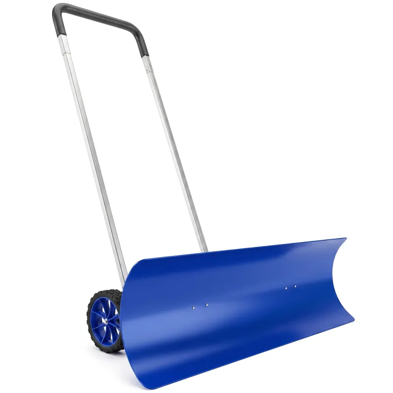 37-Inch Extra Wide Snow Shovel with Wheels, Heavy Duty Aluminum Snow Pusher with Ergonomic Adjustable Handle, Blue