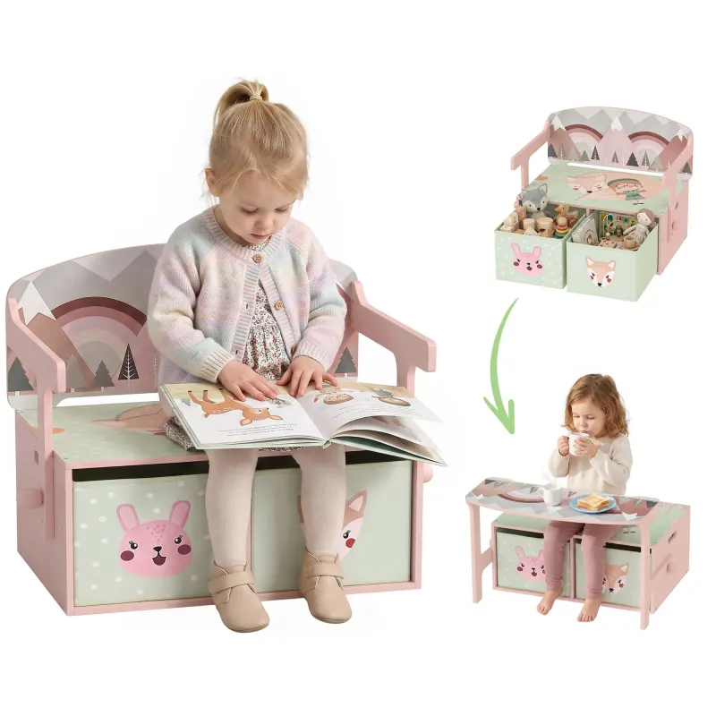 Kids Toy Box Chest, 3-in-1 Convertible Storage Chest with 2 Non-Woven Drawers for Bedroom, Kids Room for Ages 3-6, Pink